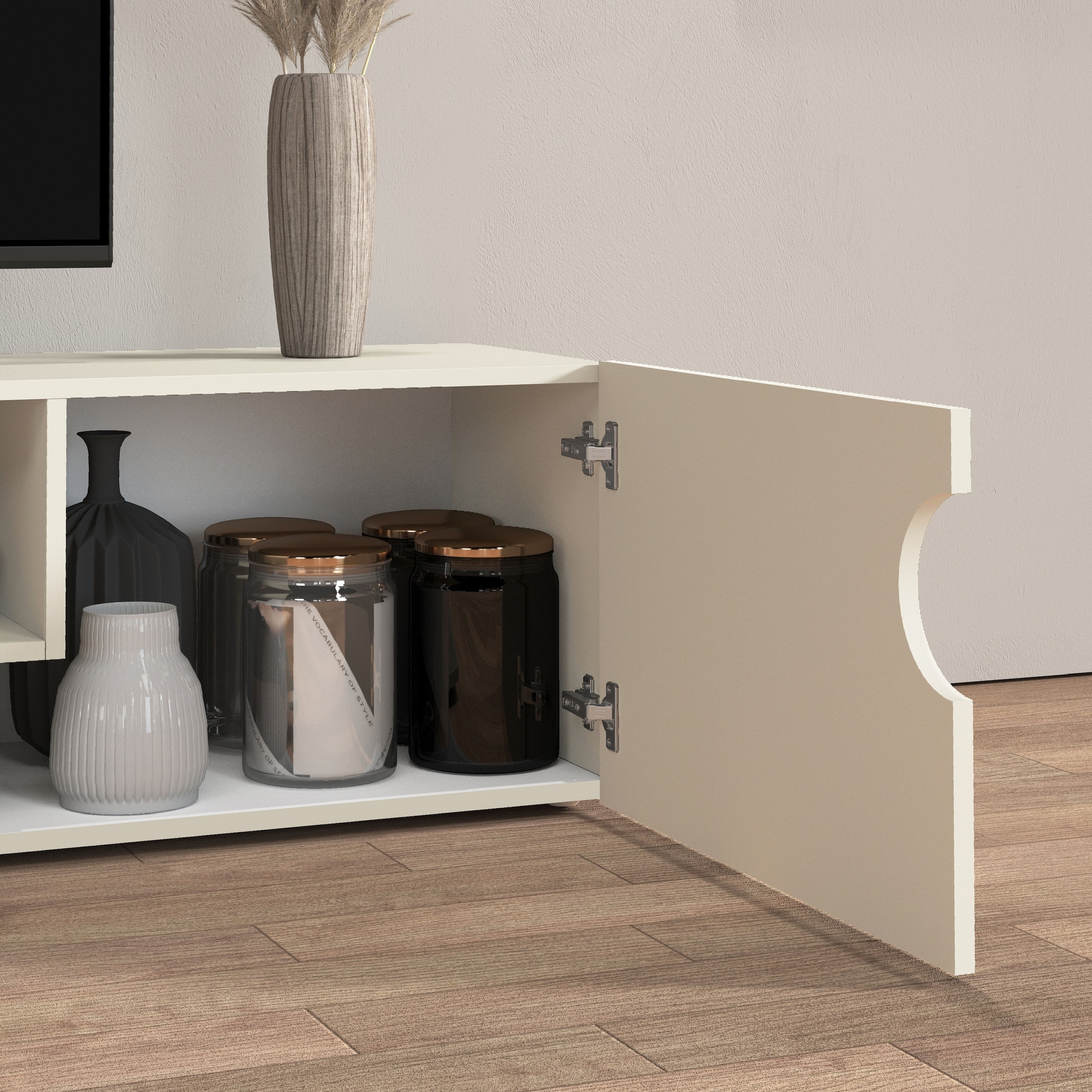 Home affaire Table basse »REAL TV-Möbel, 240 cm breit, 40/60 cm hoch, Hochglanz oder matt« mit 2 abgerundeten Türen, 1 Klappe, die ein ovales offenes Fach bilden