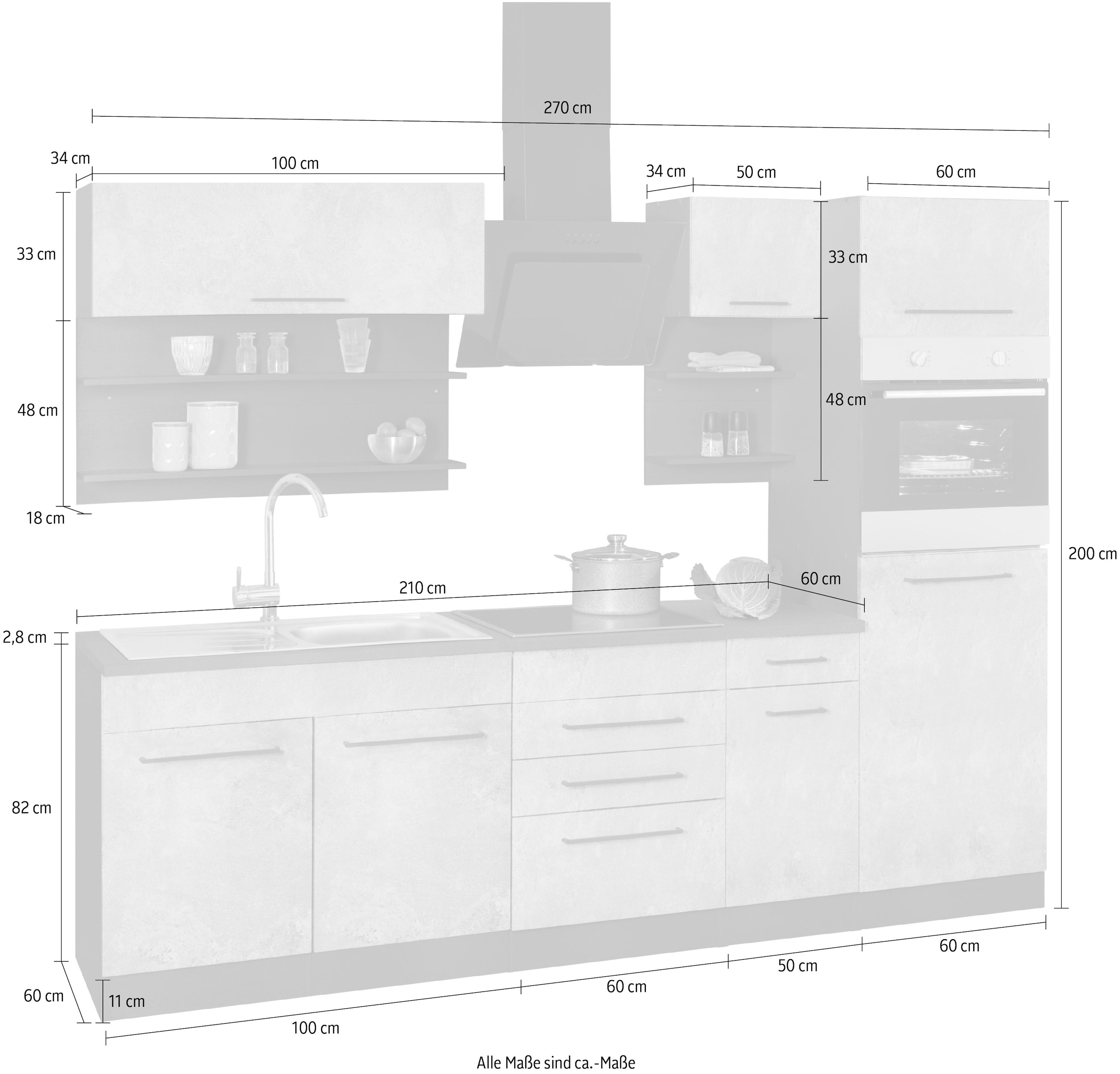 KOCHSTATION Küchenzeile »KS-Tulsa« ohne E-Geräte, Breite 270 cm, schwarze Metallgriffe, MDF Fronten