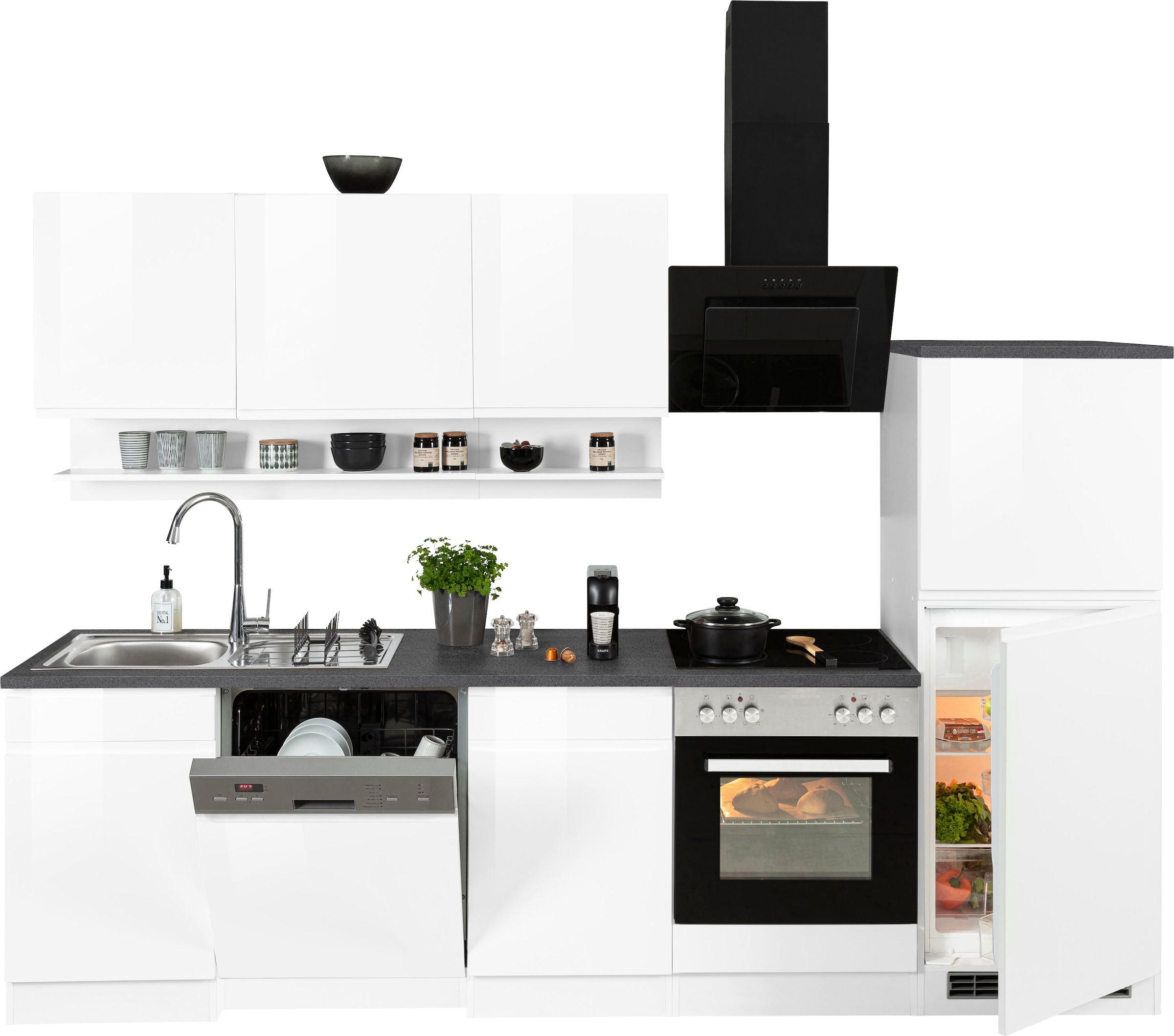 KOCHSTATION Kitchenette »KS-Virginia,neu in verbesserter Ausführung« plan de travail épaisseur 38 mm, rangement, fermeture douce,  Largeur 280 cm, fermeture douce, avec ou sans appareils électriques