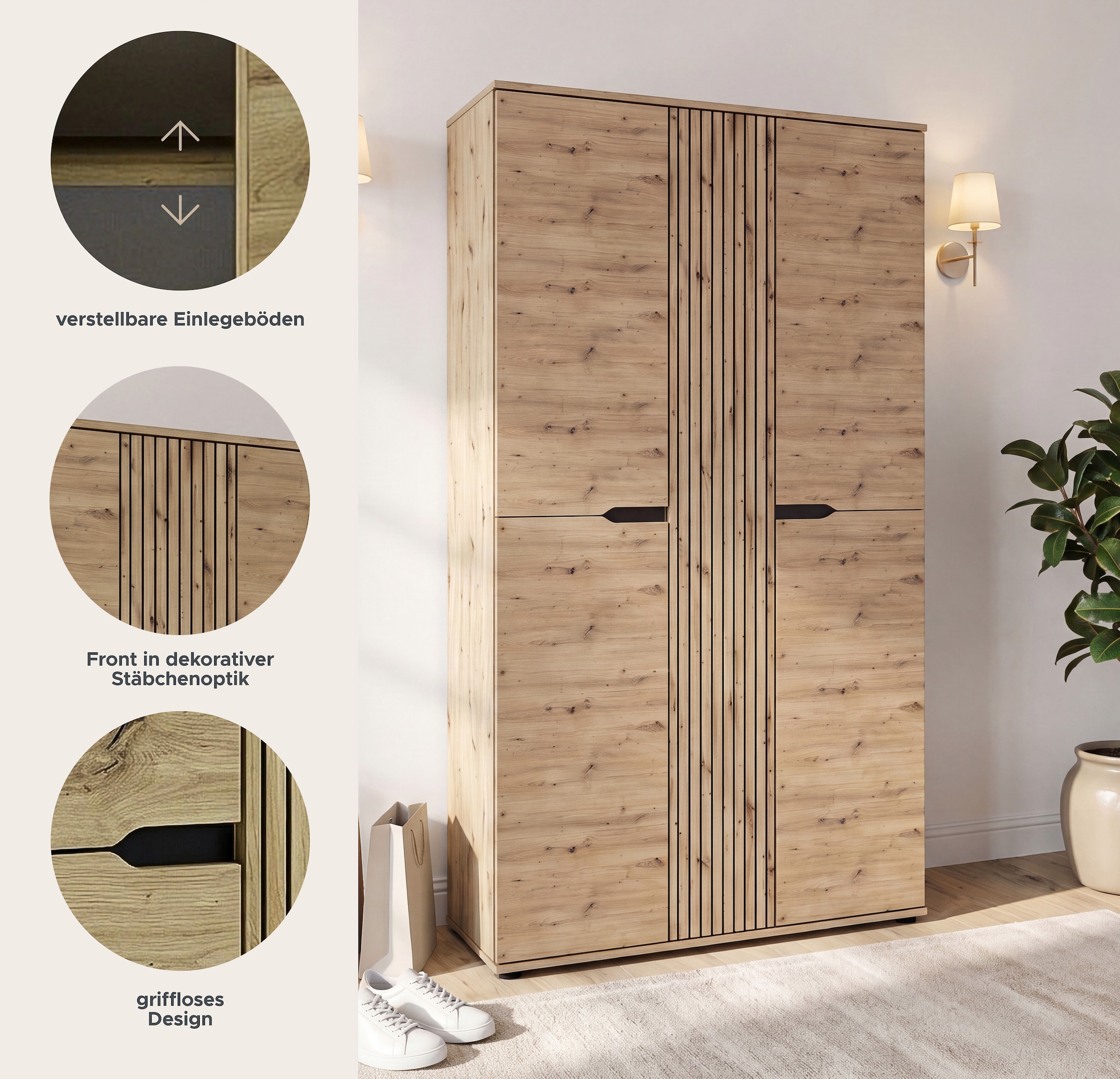 GOODproduct Garderobenschrank »FJELL, Breite 104cm, 3 Türen, 8 Böden, 10 Fächer, 1 Kleiderstange« Kleiderschrank, Schrank, Dielenschrank, Flurschrank, Mehrzweckschrank
