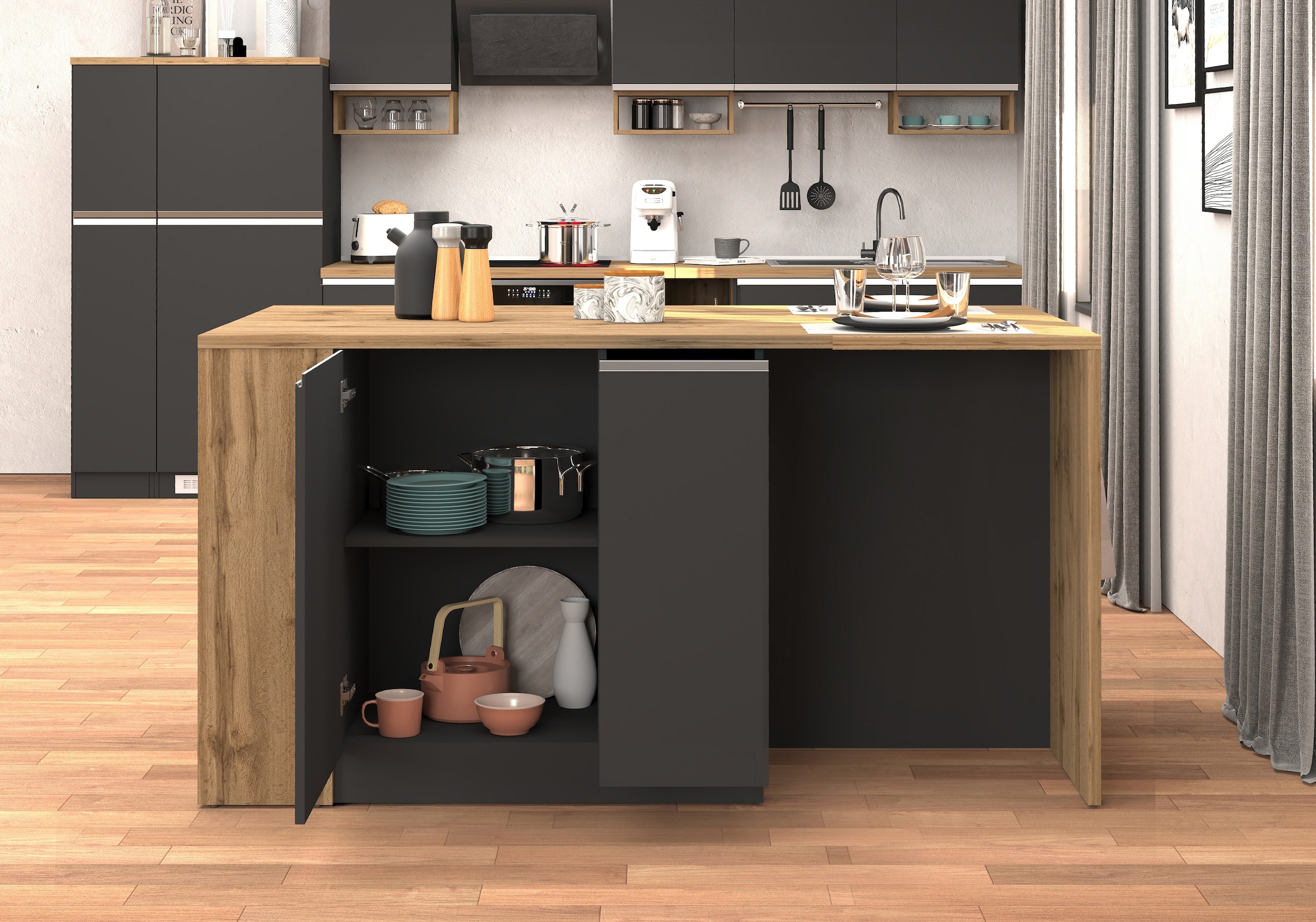 KOCHSTATION Ilot de cuisine »KS-Sole, Kochinsel, Küchenarbeitsblock, Arbeitsinsel, Made in Italy« Breite 167,5 cm, 2 Apothekerauszüge, 2 Essplätze, 1 offenes Regal