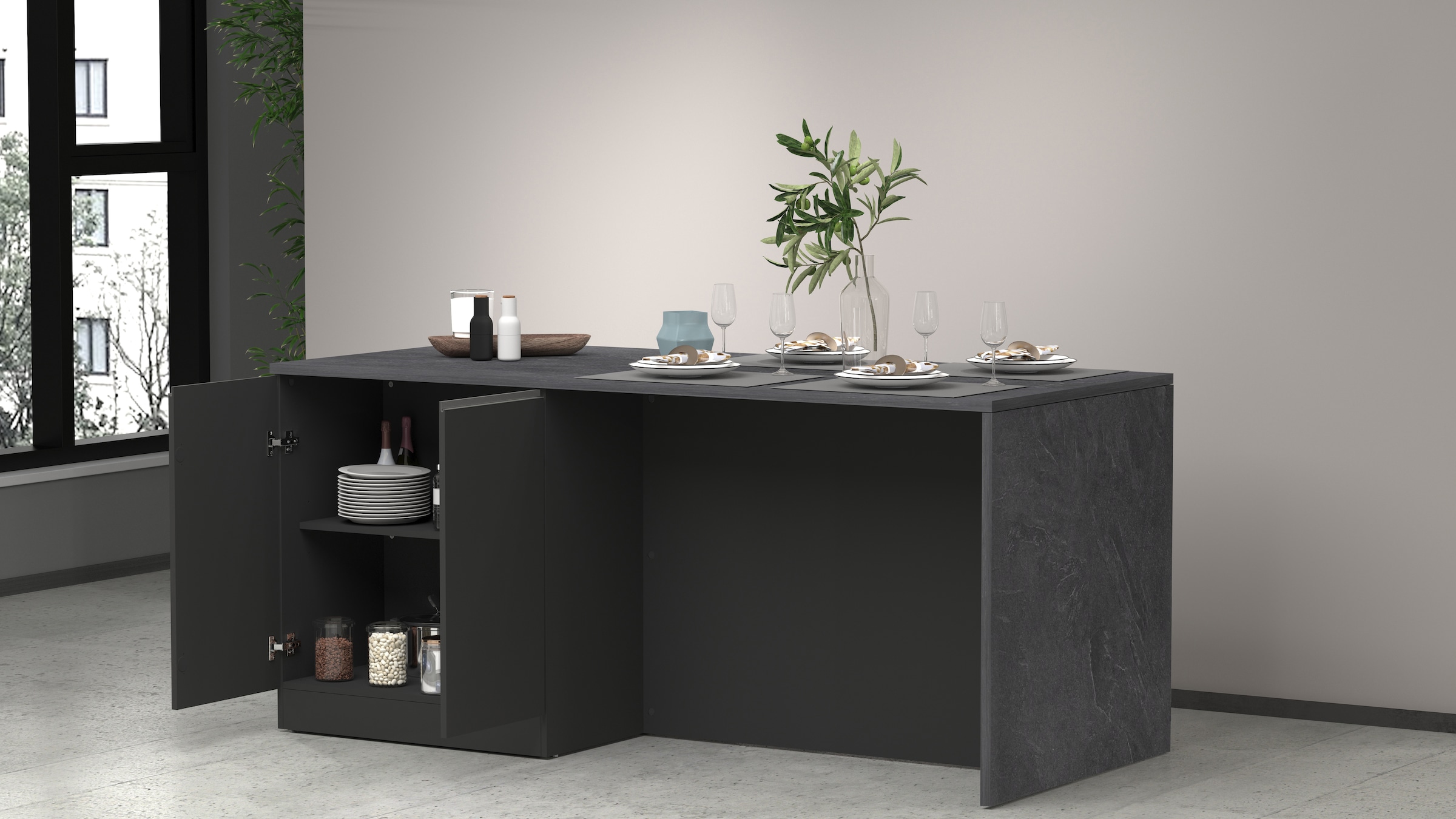 KOCHSTATION Kücheninsel »Sole,Kochinsel,Küchenarbeitsblock,Inselküche,Arbeitsinsel« Breite 200 cm mit 4 Türen,4 Fächer, Arbeitsplatte, Aluminiumgriff