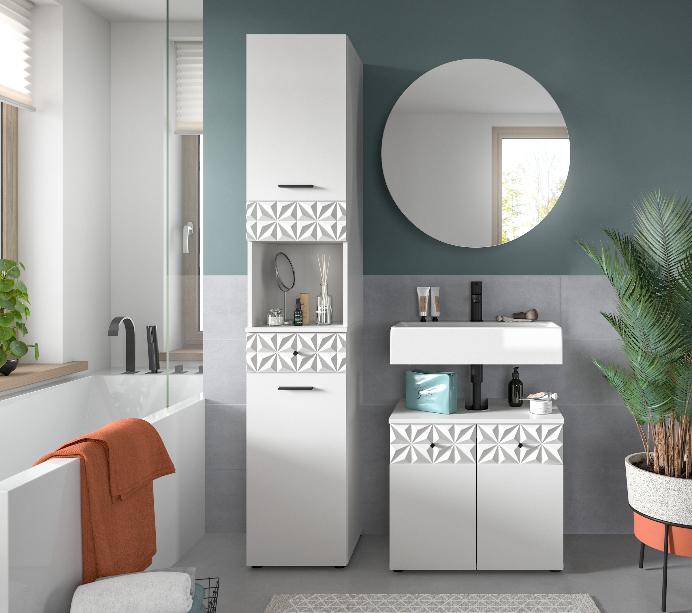 INOSIGN Badezimmer-Set »VICENZA, TOPSELLER!, Breite 110cm, 3-teilig, mit Ornamentabsetzung« best. aus: Hochschrank, Waschbeckenunterschrank und Spiegelschrank, 