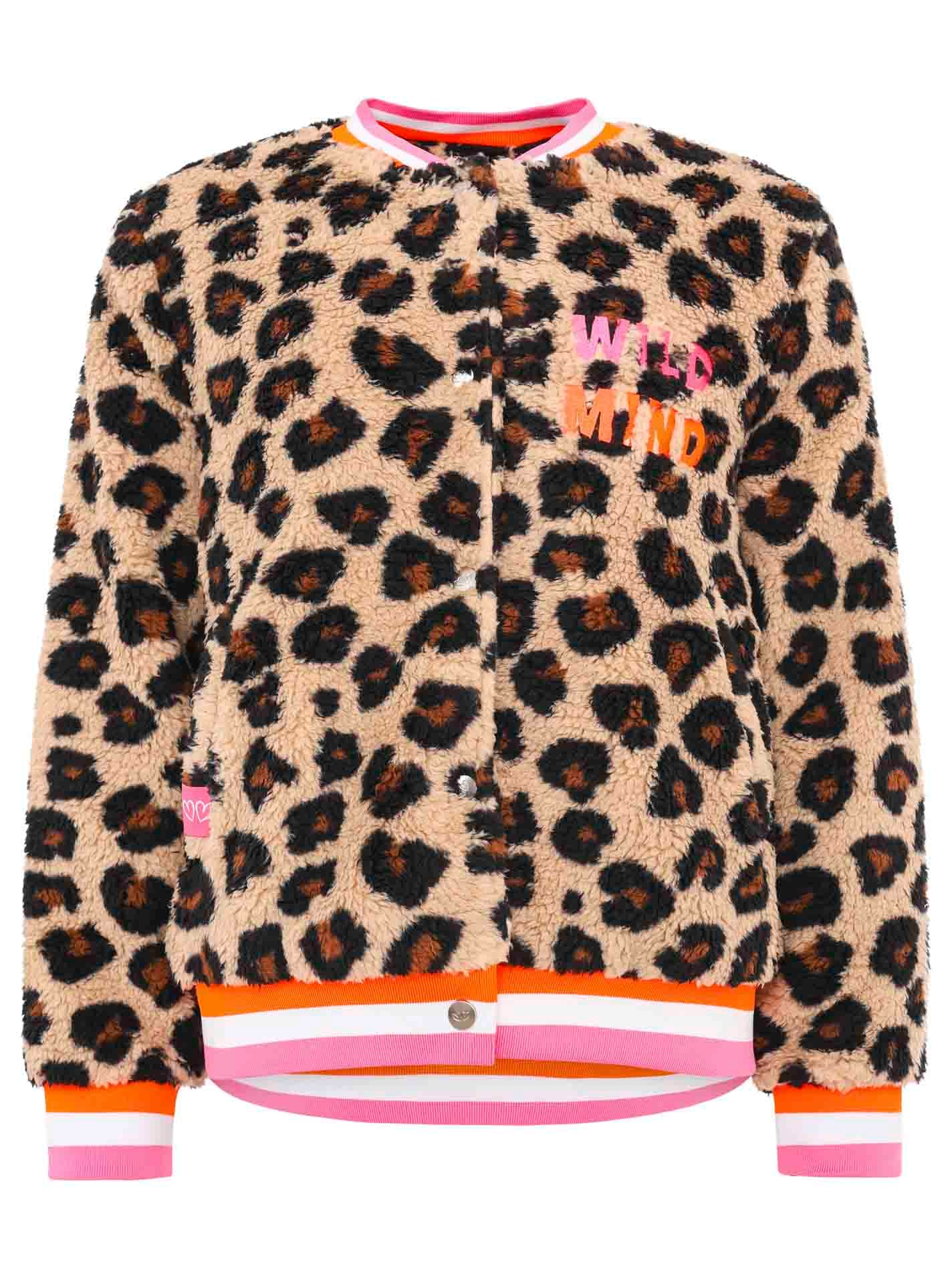 Zwillingsherz Veste bomber »"Wild Mind"« pièce tendance douillette, motif léopard, poignets néon rayés, boutons-pression