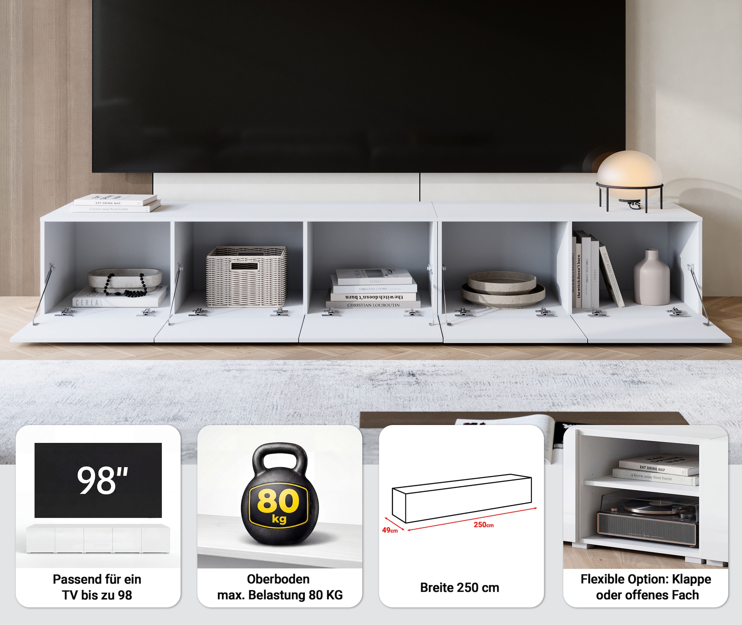 GOODproduct Lowboard »Denver 250 cm für bis zu 98-Zoll TVs - Weltmeisterschaft im XXL Format« Wahlweise mit oder ohne offenes Fach in der Mitte