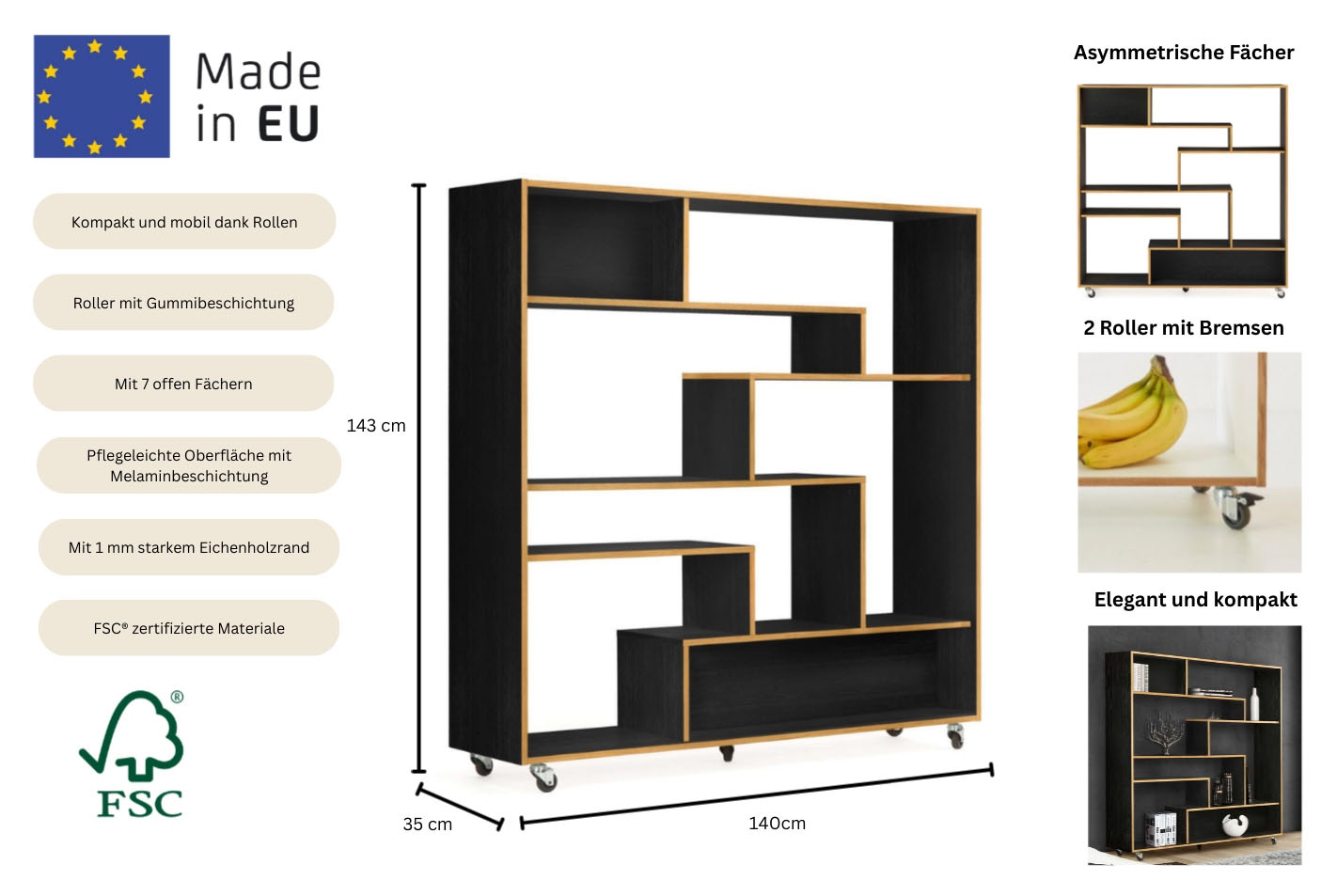 andas Raumteilerregal »Sten, Bücherregal, Standregal, Regal, Raumteiler« auf Rollen, Breite 140 cm, mit viel Stauraum, FSC®-zertifiziert
