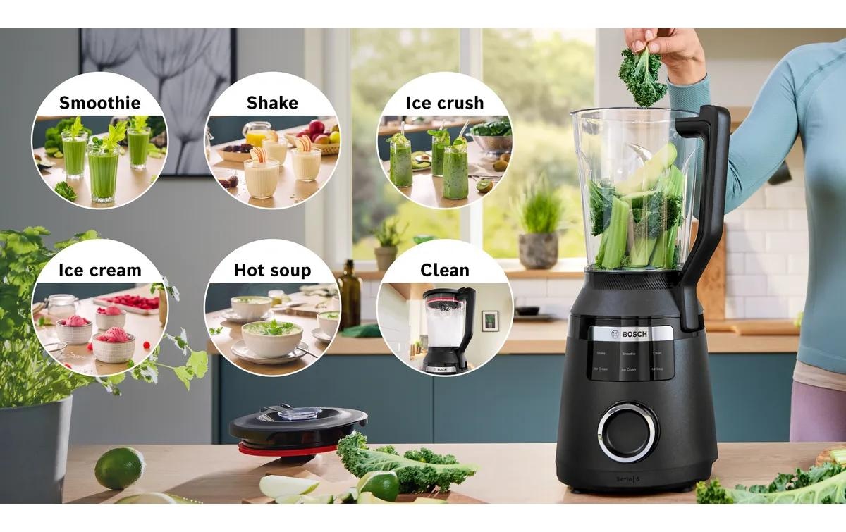 BOSCH Mixeur sur pied »VitaPower Serie 6  MMBD665B1, Hochleistungsmixer, 45.000 rpm, schwarz« 1800 W 2l, 6 Automatikprogramme inkl heisse Suppe, Stopfer, Sicherheitsdeckel