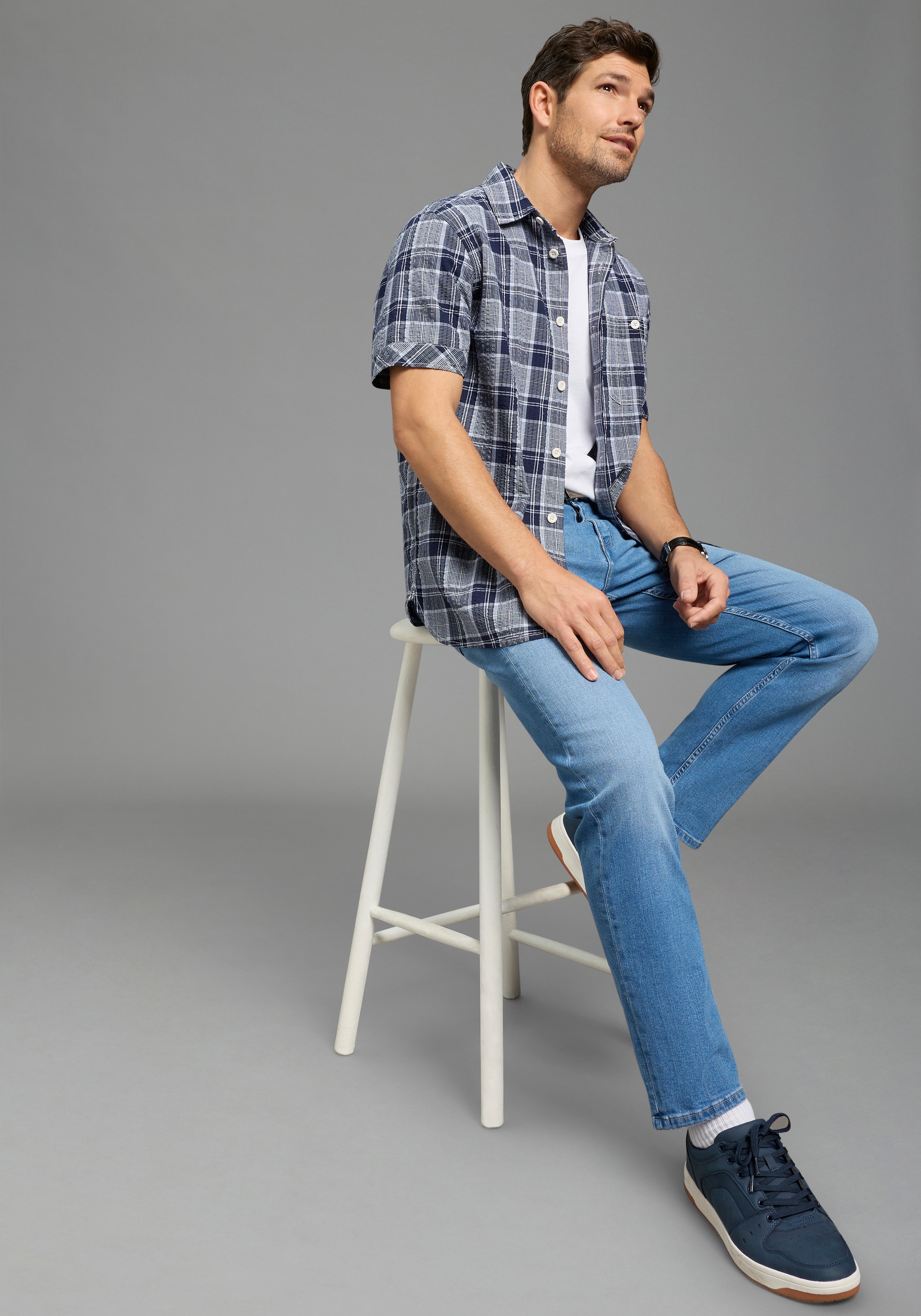 Man's World Chemise à carreaux »in Crinkleoptik« Kurzarm, für Frühling und Sommer, aus Baumwolle, bequeme Passform