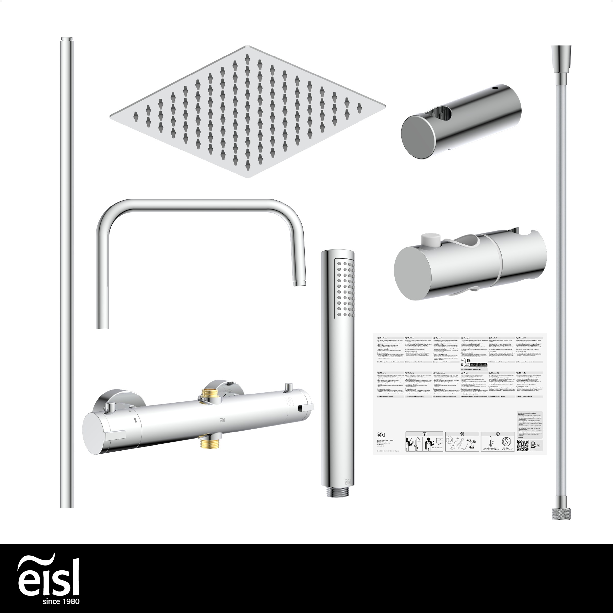 Eisl Brausegarnitur »SHOWERSTAR« Komplett-Set,  Regendusche 20x20cm, Umsteller, Antikalk, höhenverstellbar, Thermostat