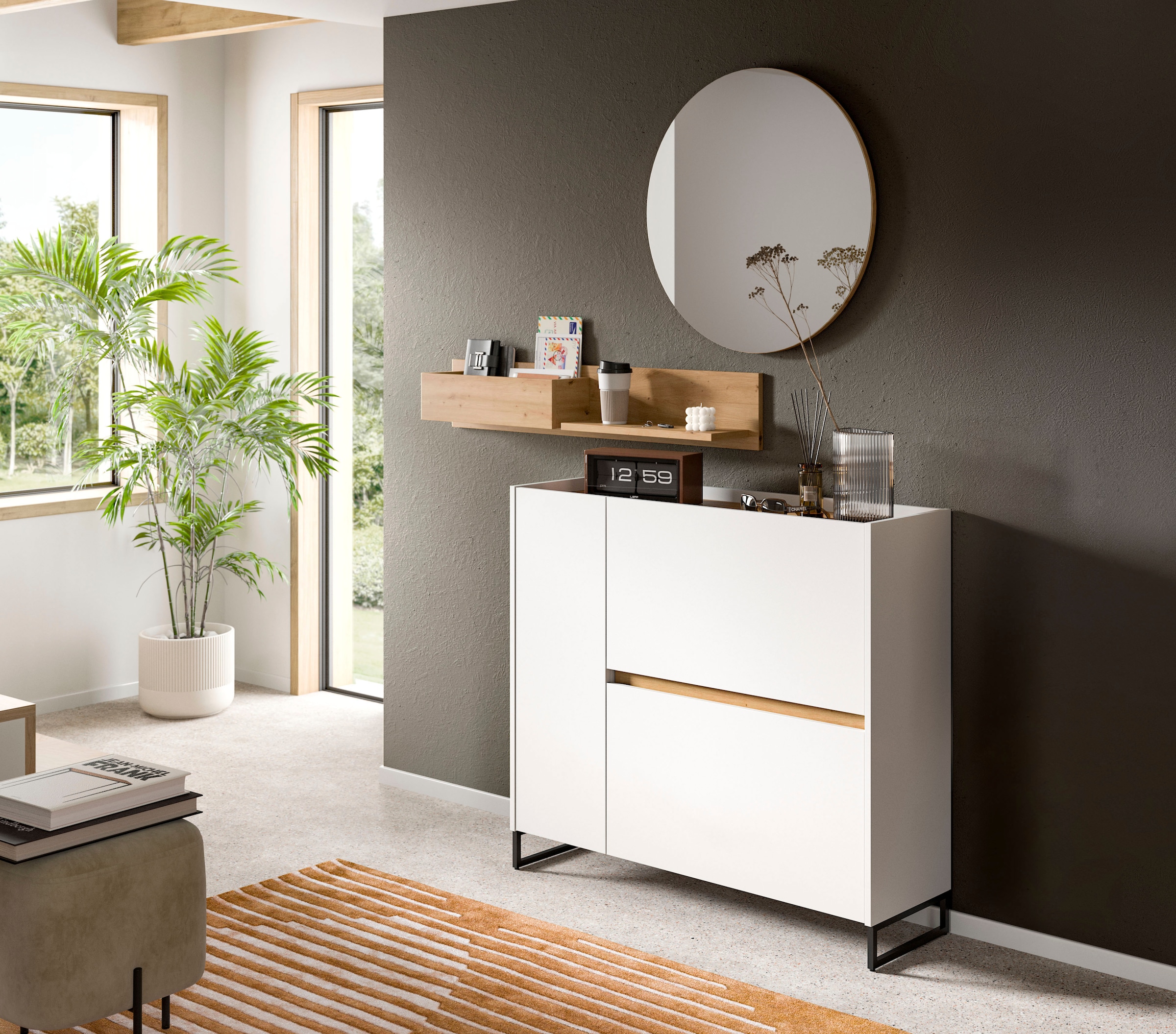 INOSIGN Schuhschrank »EVRID, Breite 110cm, 1 Tür, 2 Schuhwalzen, inkl. Metall-Kufenfüsse« individuell mit anderen Artikel der Serie EVRID erweiterbar, 1 Stk. tlg. Schuhkommode, Kommode, Sideboard, Garderobenschrank, Flurkommode