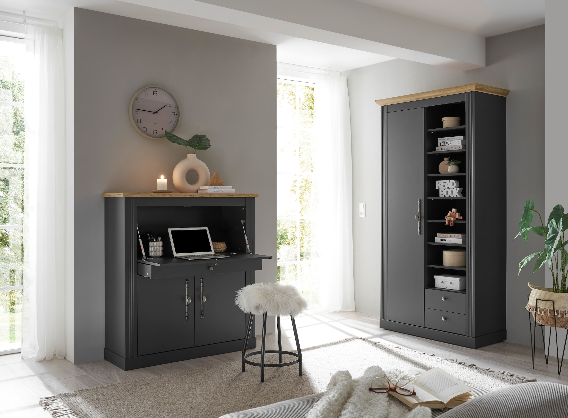 GOODproduct Ensemble de meubles de bureau »Westminster, wohnliches Home-Office, Büro in zwei Farben verfügbar« Ensemble, 2 tlg. comprend secrétaire et armoire de rangement style campagne, avec goulotte pour câbles