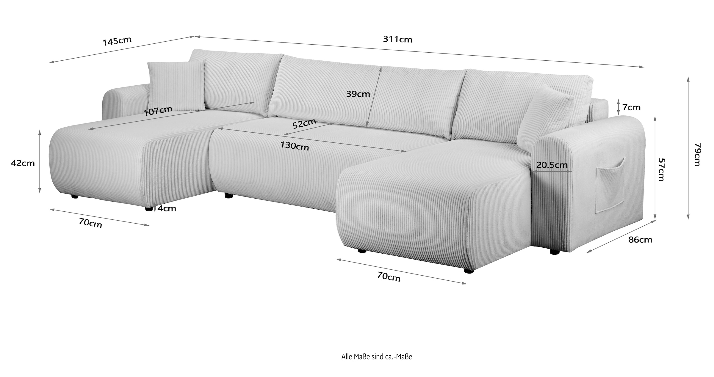GOODproduct Wohnlandschaft »JONAA, 311 cm, U-Form, Schlafsofa, Boxspringfederung, Cord u. Struktur« 133/270cm, Bettkasten, Seitentaschen, Cord und Struktur