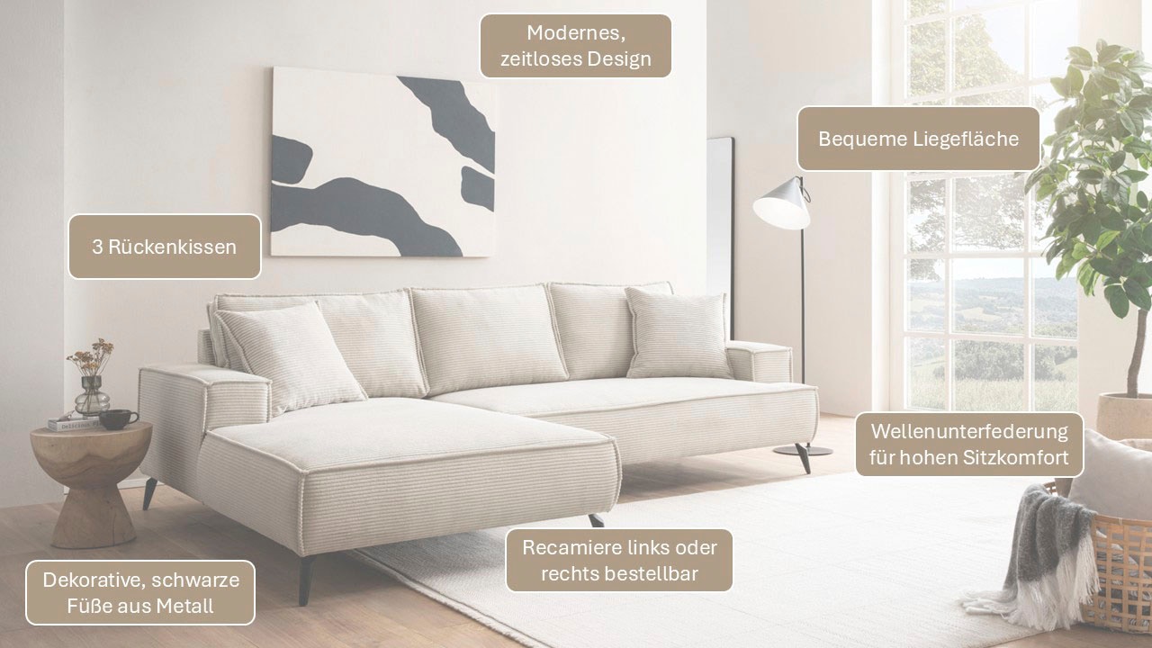 andas Canapé d'angle »TVINNU, L-Form, 275cm, in Cord und Leinenoptik« wahlweise Recamiere rechts/links, schwarze Füsse, bequemer Sitzkomfort