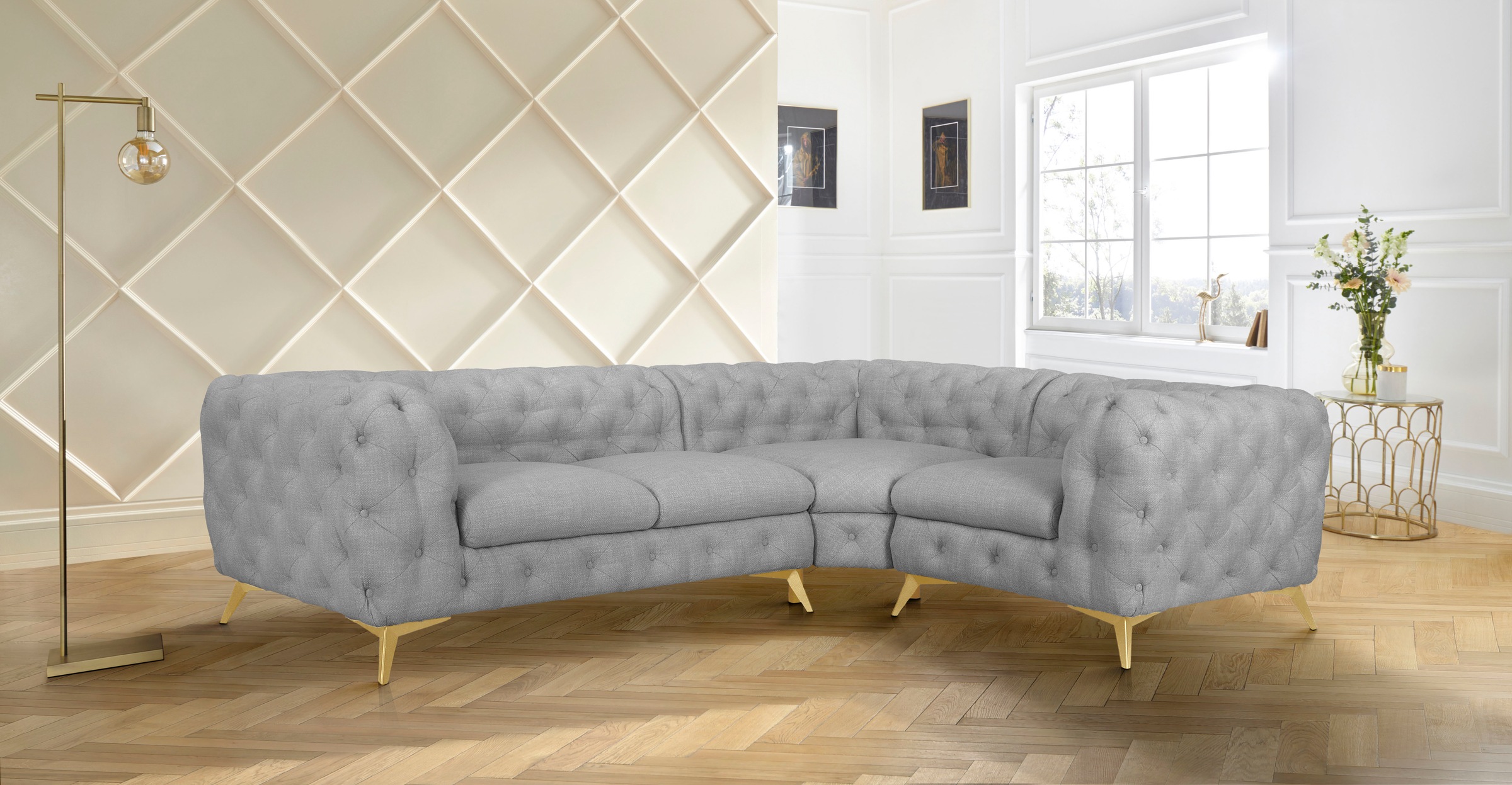 Home affaire Canapé Chesterfield »Ecksofa GLYNIS L-Form mit Wellenunterfederung, Masse B/T/H 264/204/75cm« boutonnage soigné, look Chesterfield moderne, couleur des pieds au choix