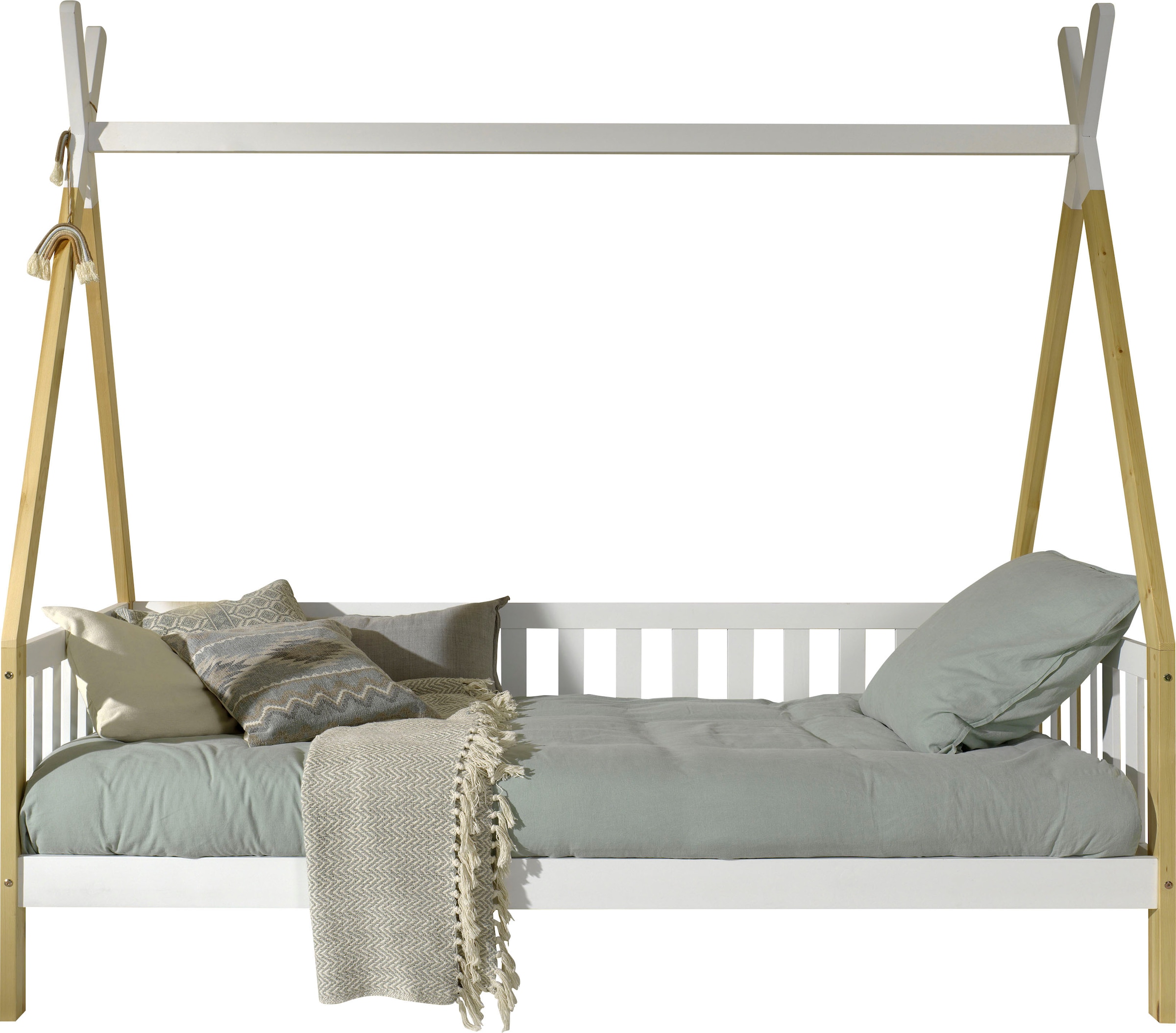 Vipack Lit d'enfant »Tipi, mit Querstange in Zelt-Optik, Kiefer massiv« L/H/P env. 206x185,1x96 cm, encadrement barreaux latéraux,  incluant sommier à lattes roulantes et tiroir de lit en option