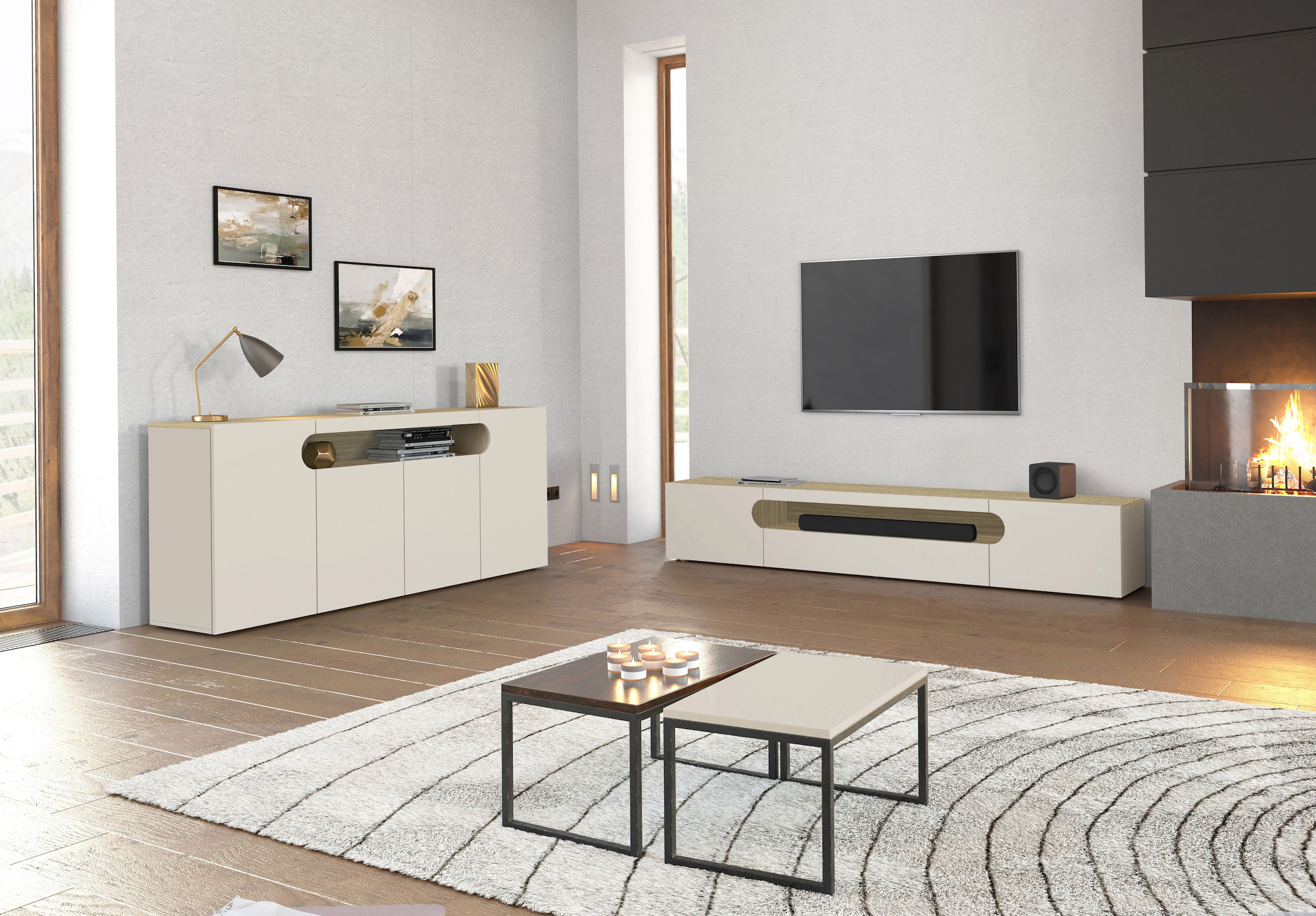 INOSIGN Table basse »REAL TV-Möbel, 240 cm breit, 40/60 cm hoch, Hochglanz oder matt« mit 2 abgerundeten Türen, 1 Klappe, die ein ovales offenes Fach bilden
