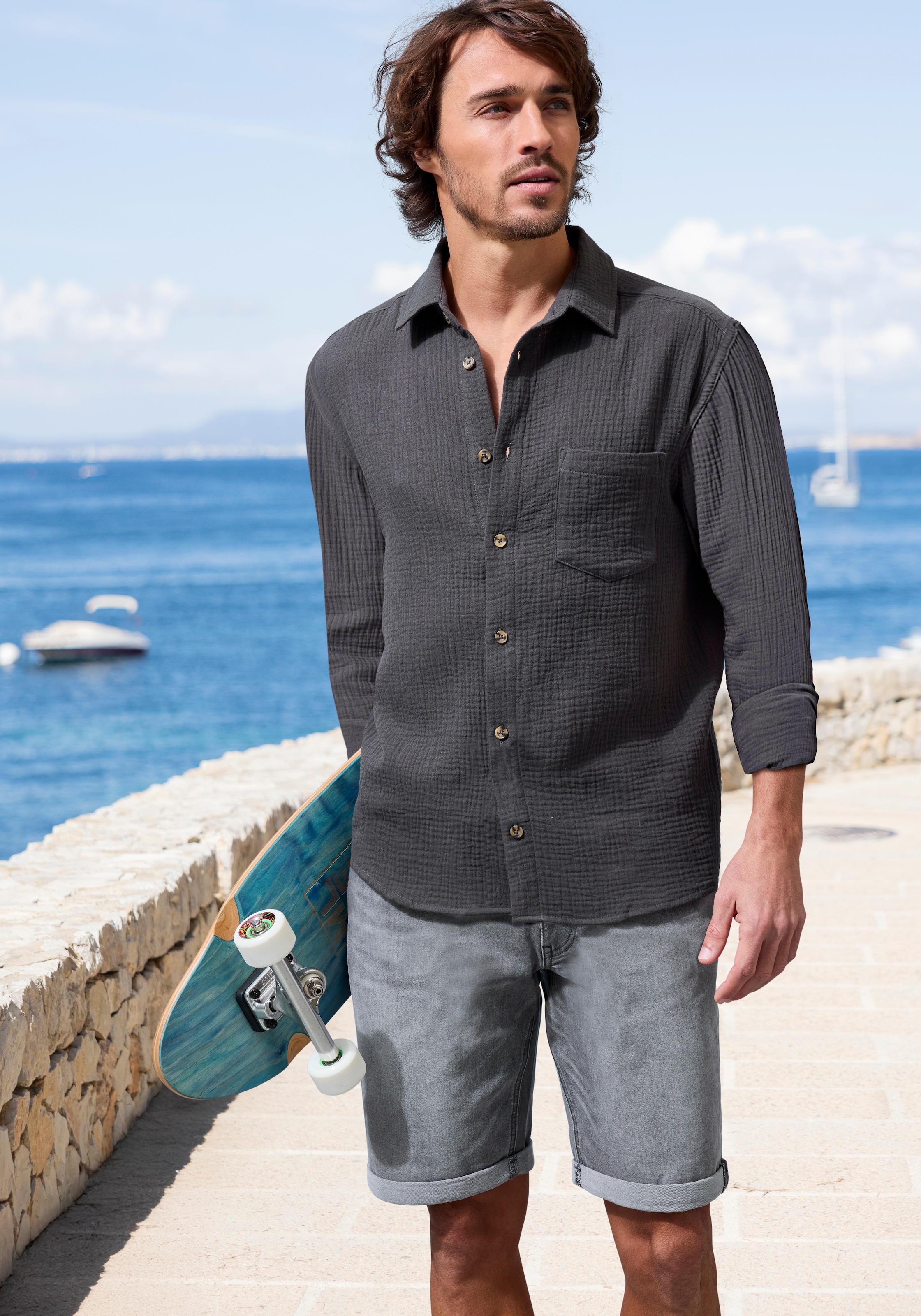 Beachtime Langarmhemd »Regular fit« Langarm, Freizeithemd aus Musselin-Ware