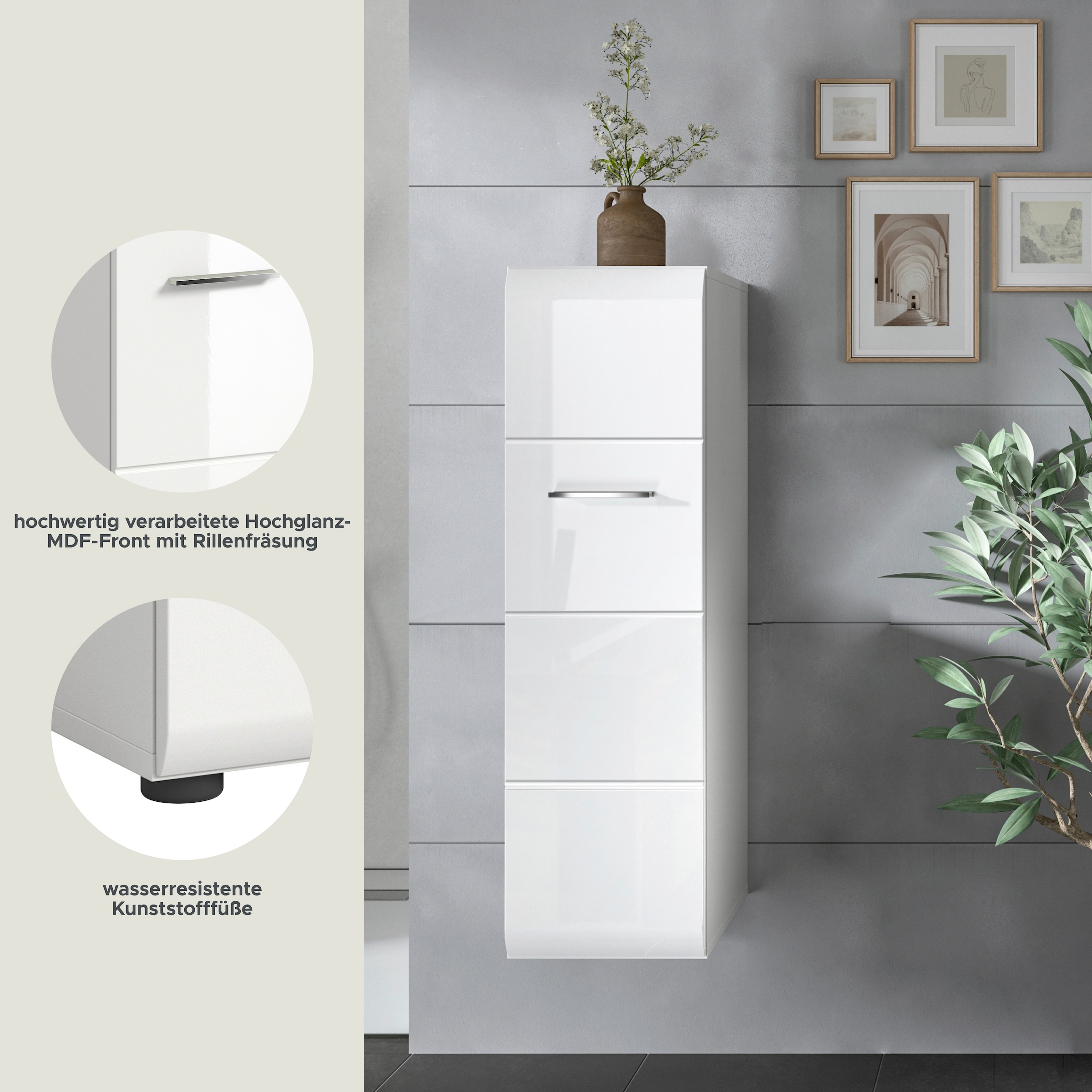 welltime Armoire de rangement 1 cuis tlg. Florenz, Stauraumschrank, Weiss Hochglanz, 30 cm breit, 4 Fächer