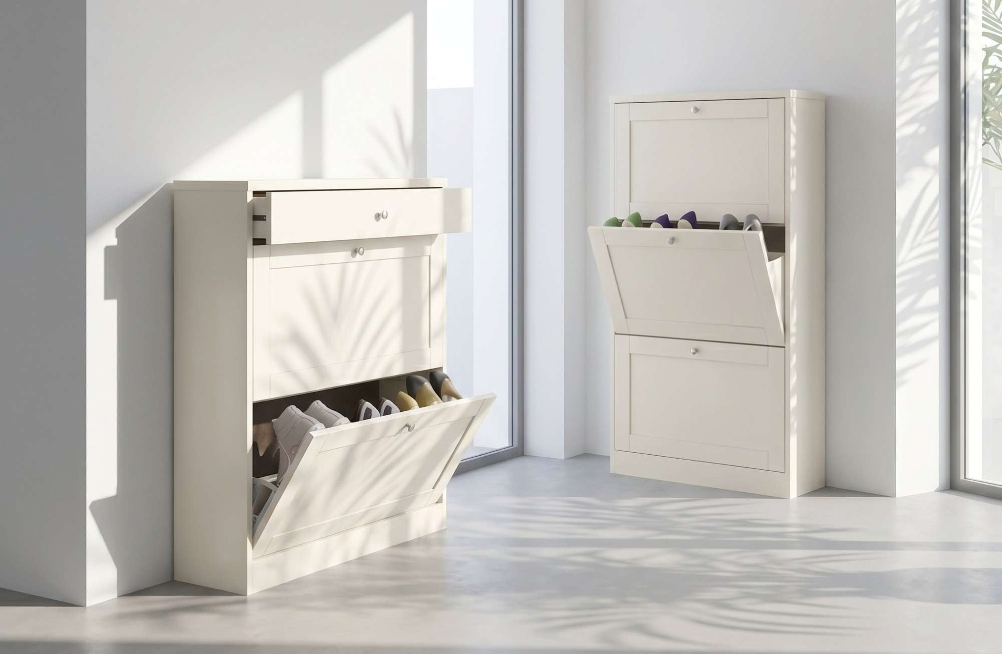 GOODproduct Armoire à chaussures »Heide« Largeur 90cm, avec tiroir, 2 abattants et façade facettée, hauteur 103cm