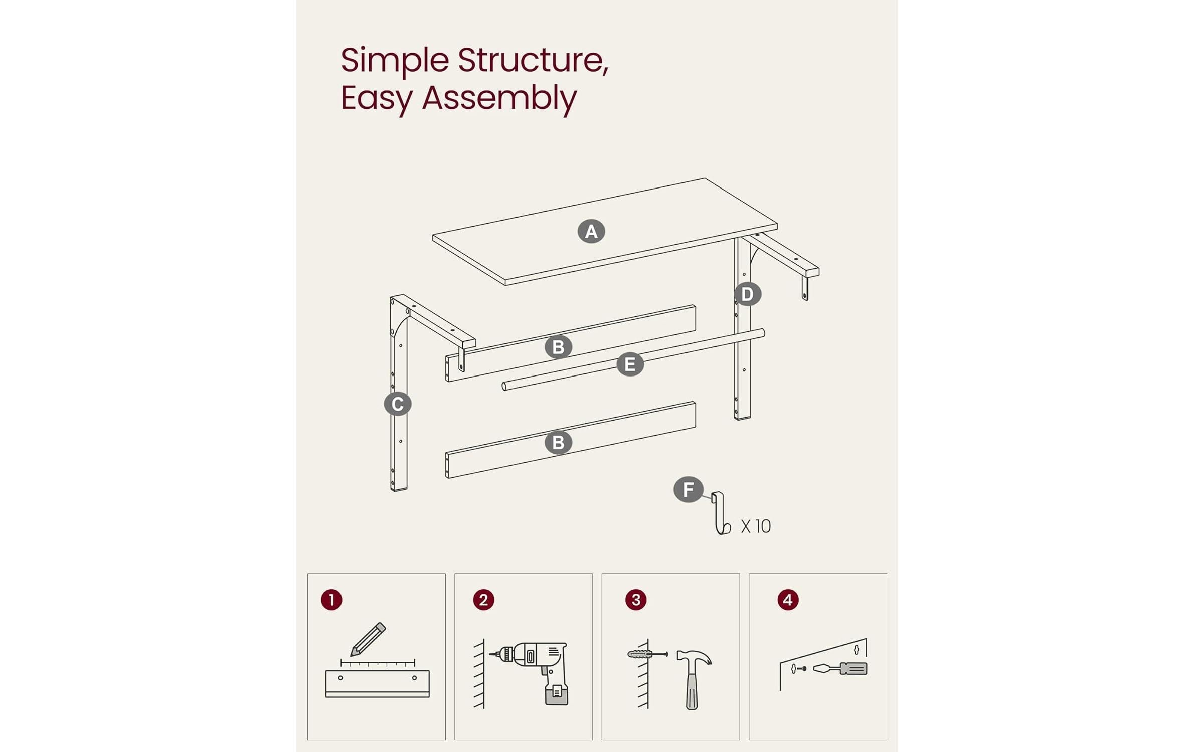 VASAGLE Wandgarderobe »mit 10 Haken 65 cm x 42 cm«