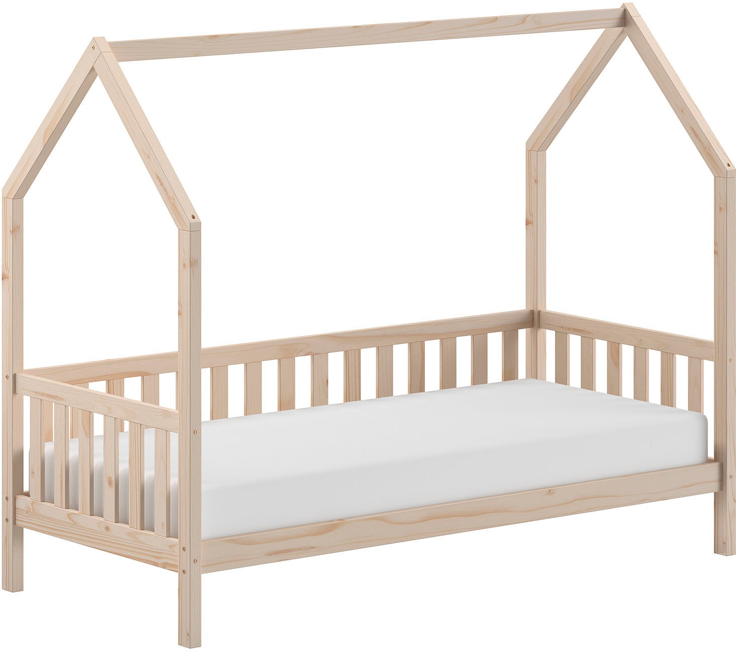Vipack Hausbett »Cabane, mit Dachaufbau und Sprossenumrandung in Landhaus-Optik« (B/H/T ca. 208x169x98 cm) aus massiver Eiche, Oberfläche Natur,  sehr stabil und standfest gebaut inkl. Massivholz Rolllattenrost