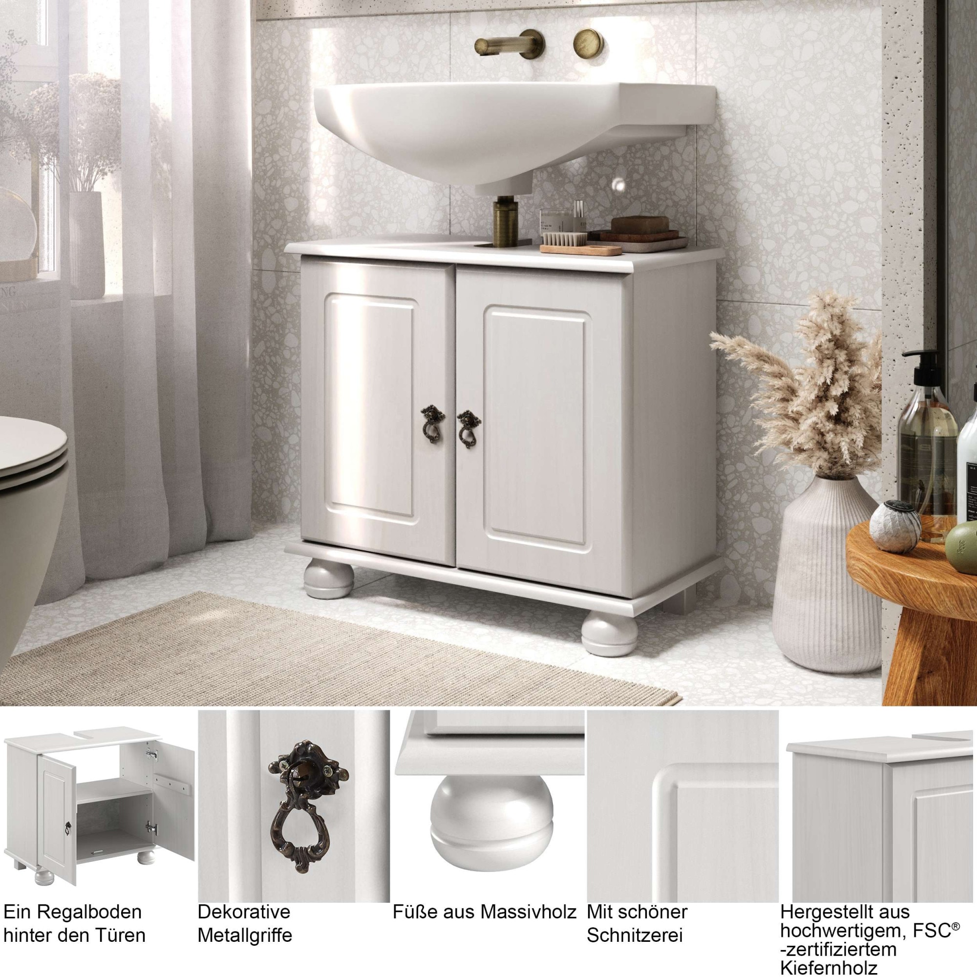 GOODproduct Waschbeckenunterschrank »Finca« aus massivem Kiefernholz, Siphonausschnitt, Breite 62 cm, Höhe 55 cm