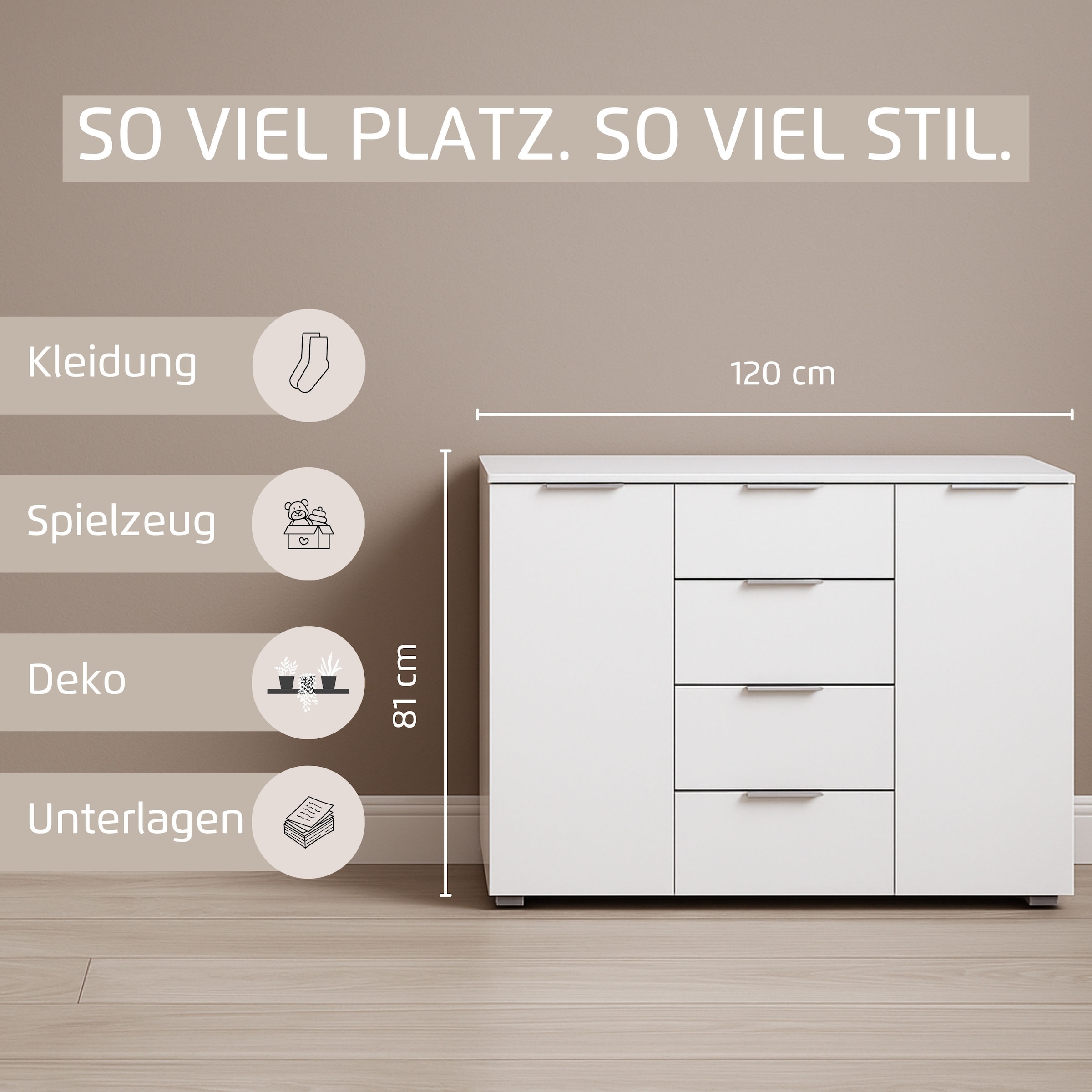 GOODproduct Kombikommode »Sideboard Schubladenkommode AGORDO mit Dekor- oder Hochglanzfront« in zwei Griff-Farben, Breite 120 cm,  vier grosse Schubladen, mit insgesamt 4 Einlegeböden MADE IN GERMANY