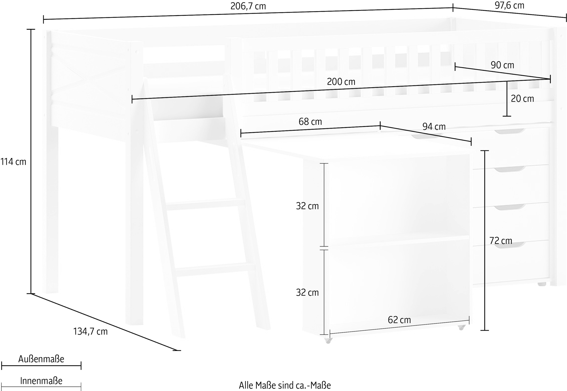 Vipack Lit de jeu Fabriqué en Europe,  beaucoup de fonctions sur petit espace, LF 90x200 cm, pin laqué blanc