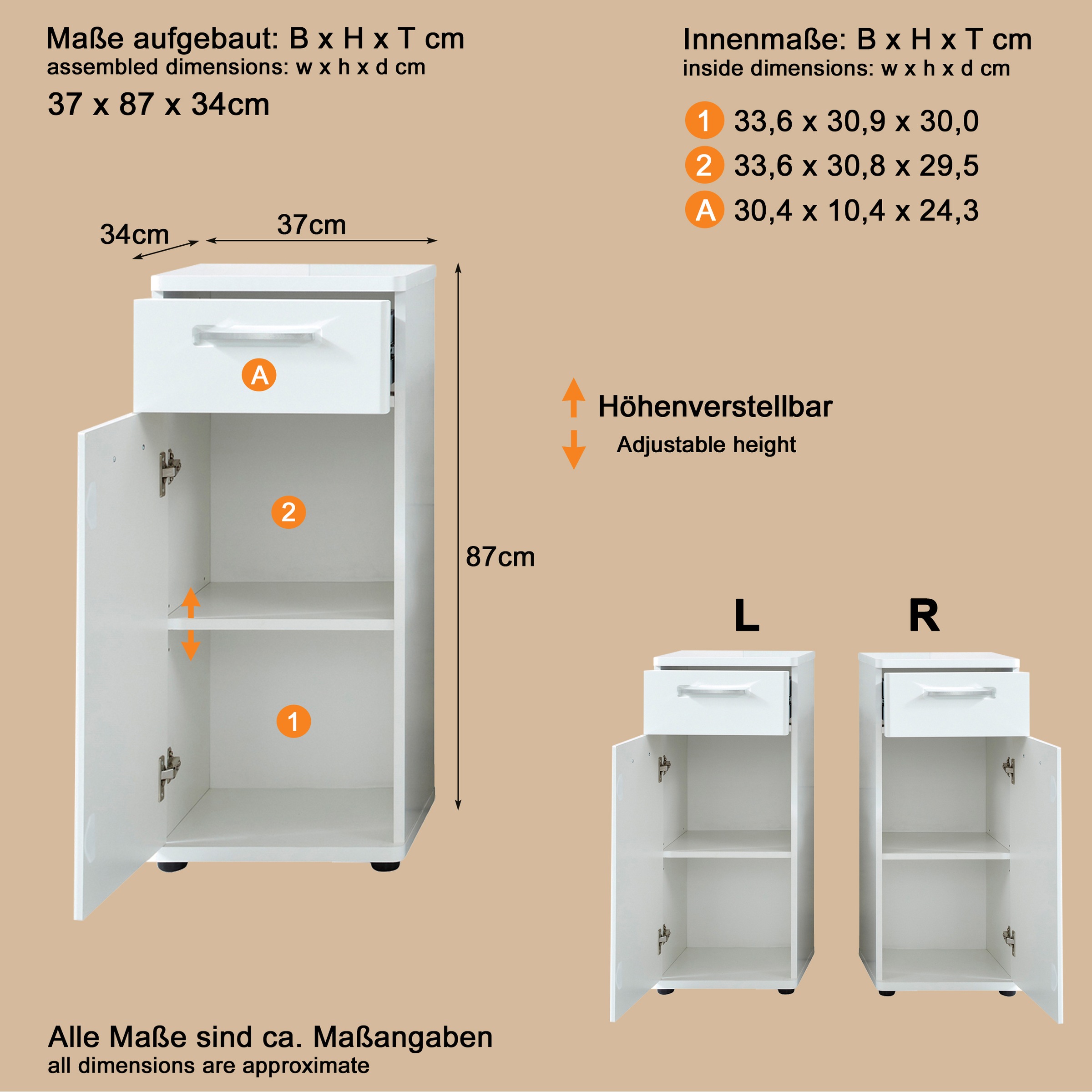 welltime Unterschrank »Mora« Standschrank mit 1 Tür & 1 Schublade - (B/T/H) 37/34/87 cm