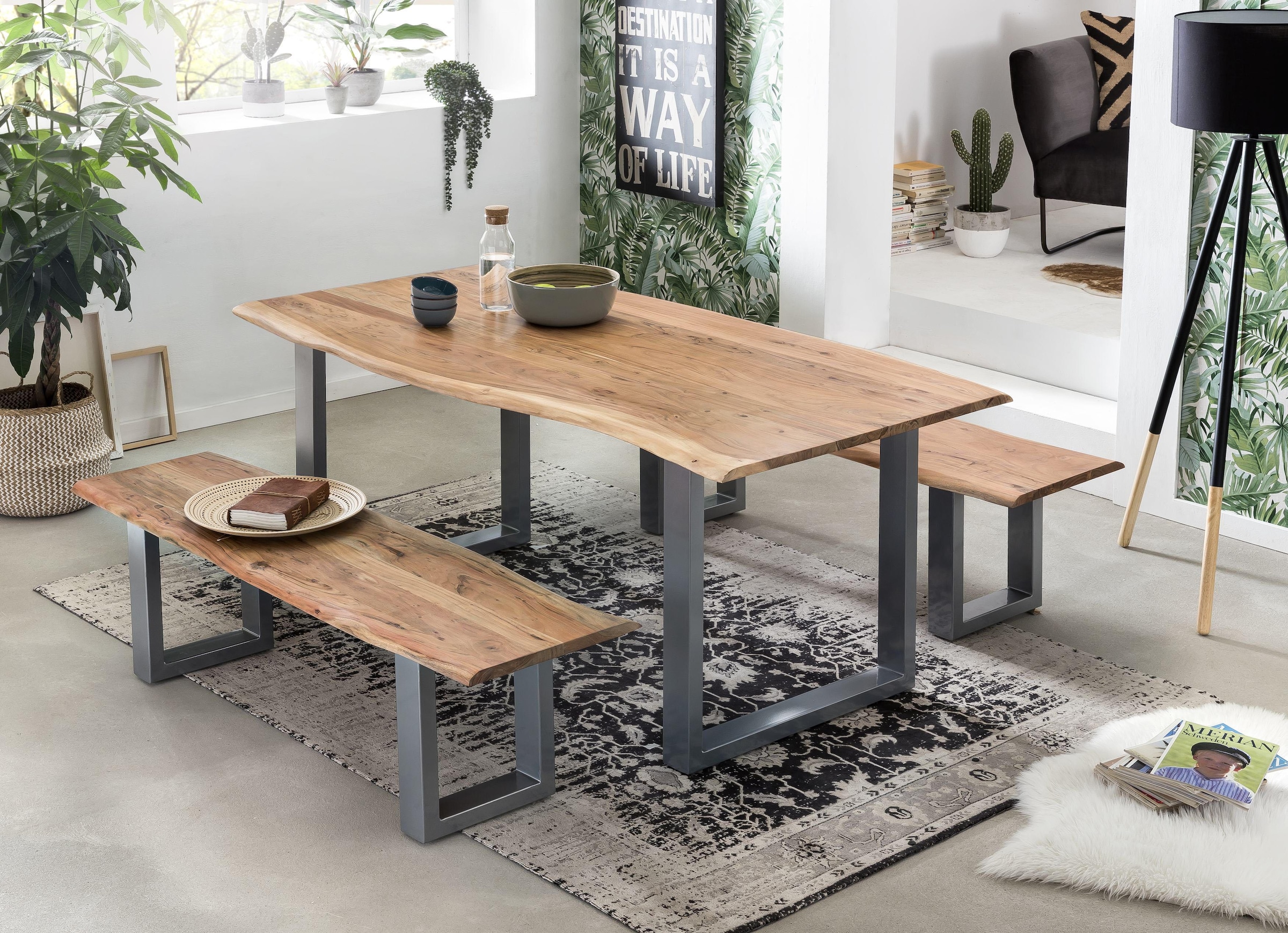 SIT Esstisch »Akazienholz Massivholz mit Baumkante & Stahlgestell« Naturbelassene Baumkante trifft auf modernes U-Stahlgestell
