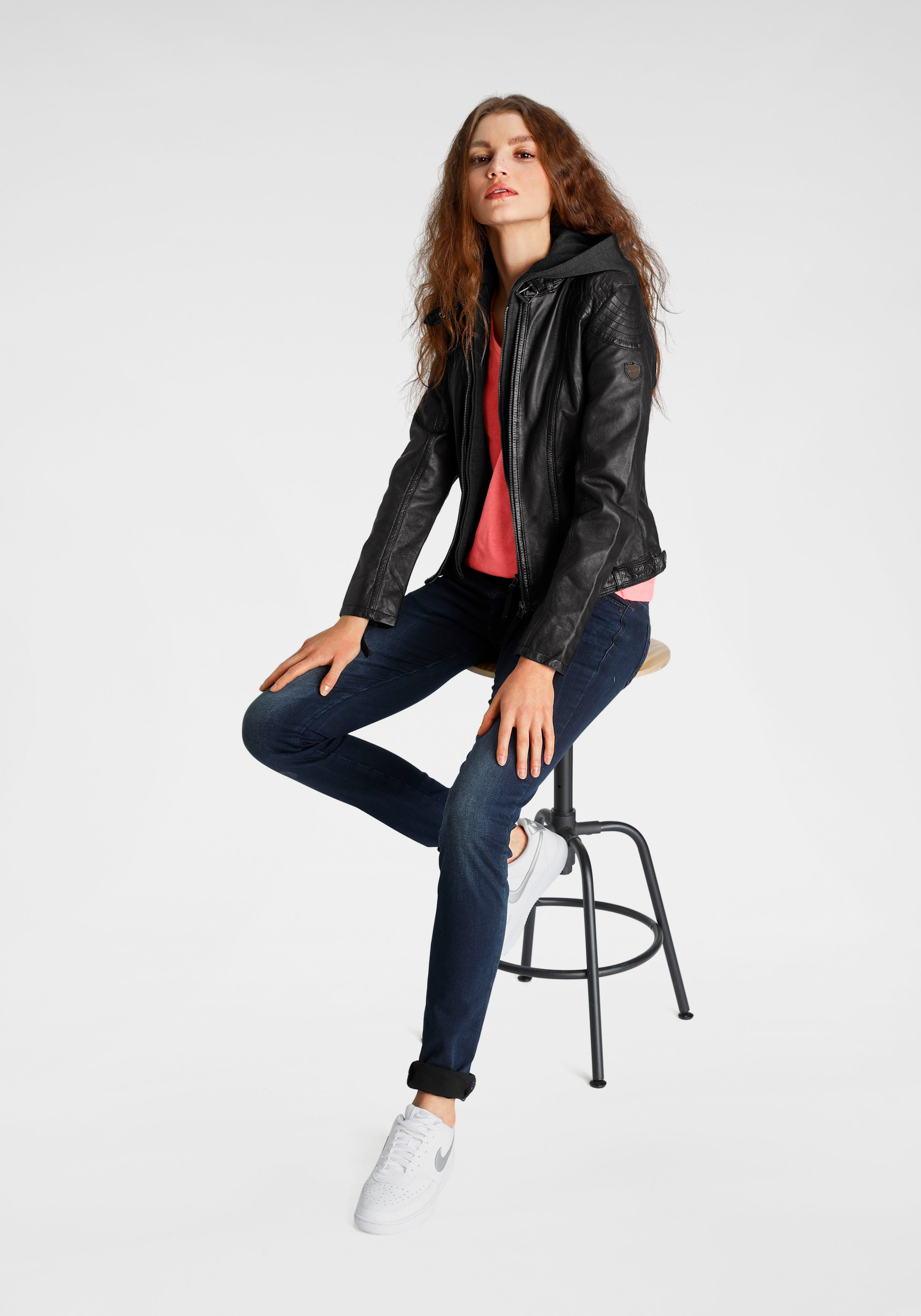 Mauritius Veste en cuir »Cacey LEGV« mit Kapuze mti Kapuze, Reissverschluss, Ziersteppung