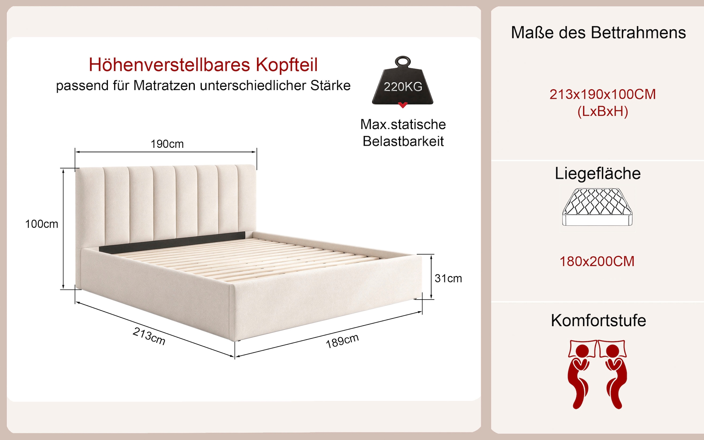 GOODproduct Lit rembourré »FEELLA, Bett wahlweise mit Lattenrost, Strukturstoff-Bezug« tête de lit et cadre rembourrés, surface couchage 140x200/180x200 cm