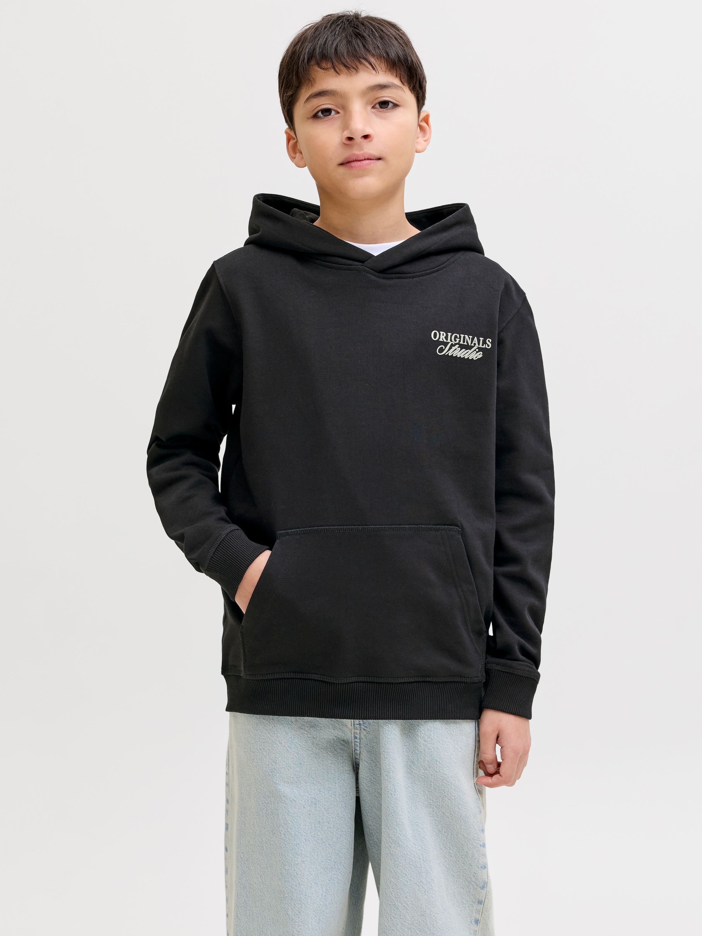 Jack & Jones Junior Kapuzensweatshirt »JORNORREBRO TYPO BACK SWEAT HOOD SN JNR«, Baumwollmischung, relaxed fit, Langarm
