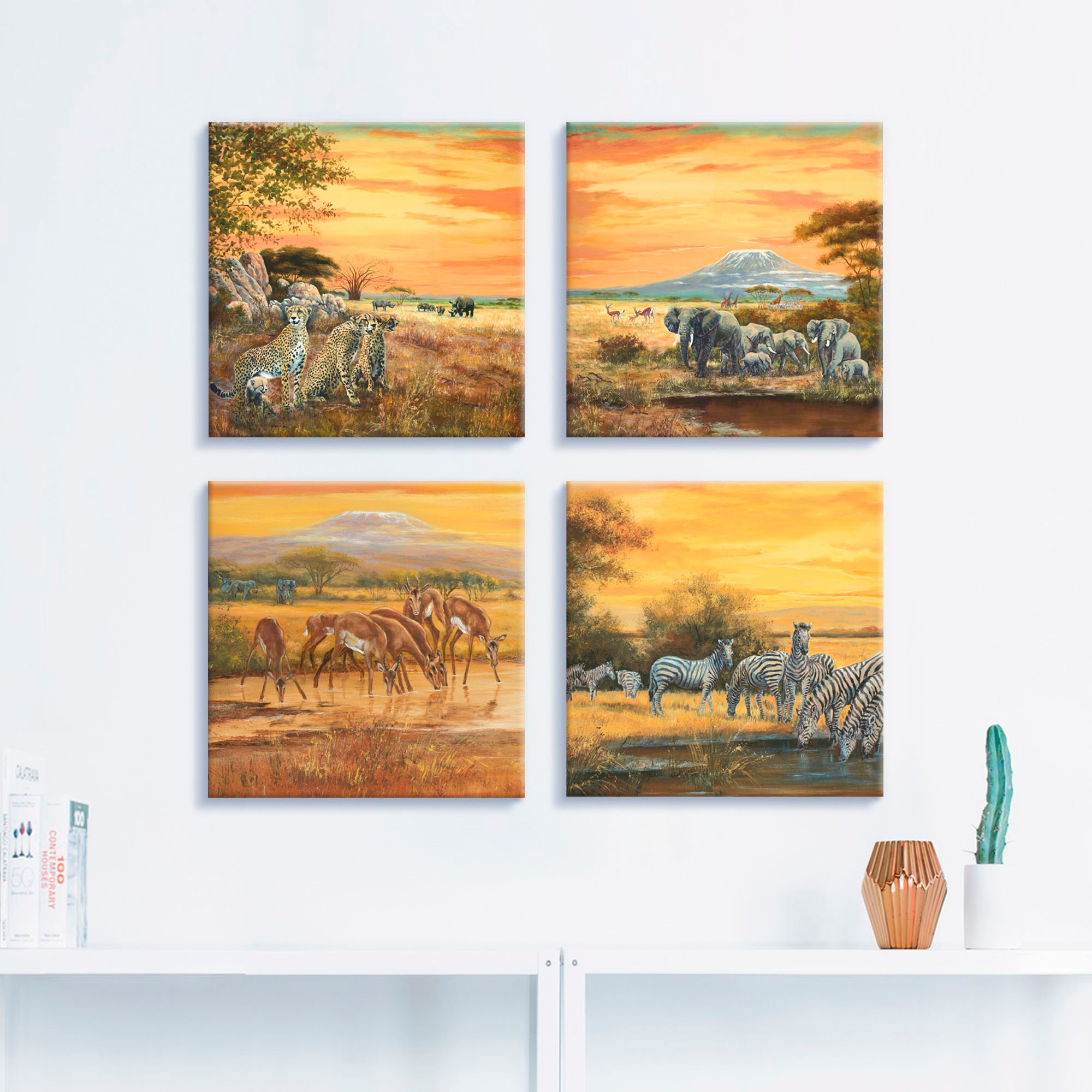 Artland Tableau sur toile »Geparden Elefanten Zebras in der Steppe« 4 cuis tlg. 4er Set, verschiedene Grössen