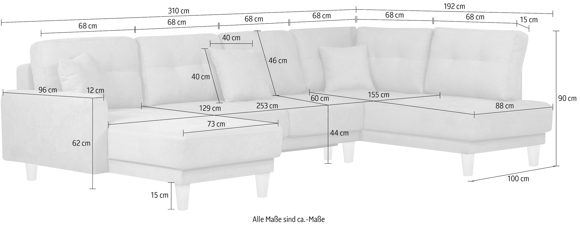 Home affaire Wohnlandschaft »TRIPLO U-Form wahlweise mit Schlaffunktion, B/T/H: 310/192/90 cm« Schlafsofa, auch mit Bettkasten, Steppung im Rückenkissen