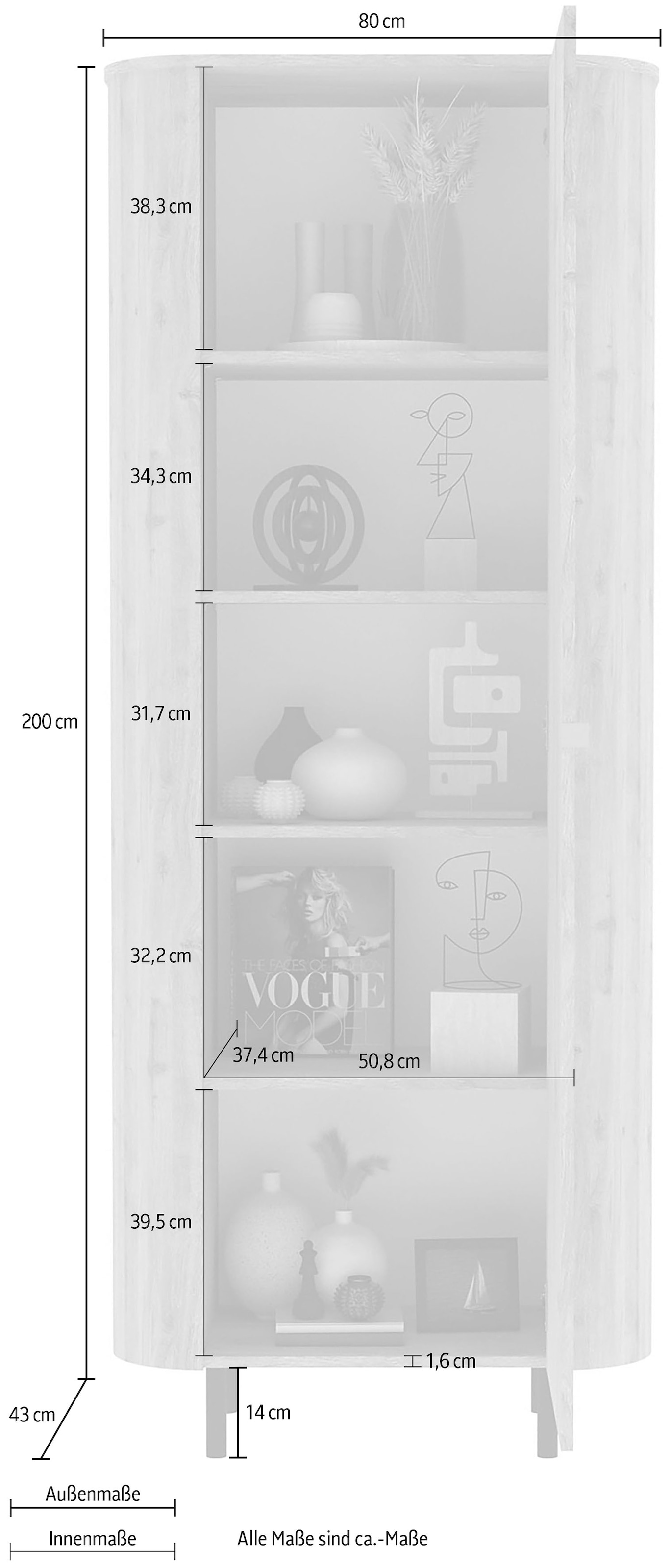 Home affaire Hochschrank »Murano, Stauraumschrank H 200 cm, B 80 cm, 1 Tür, Mehrzweckschrank« Formgebogenes MDF, Stirnseiten mit Rundung, Füsse und Griffe aus Metall