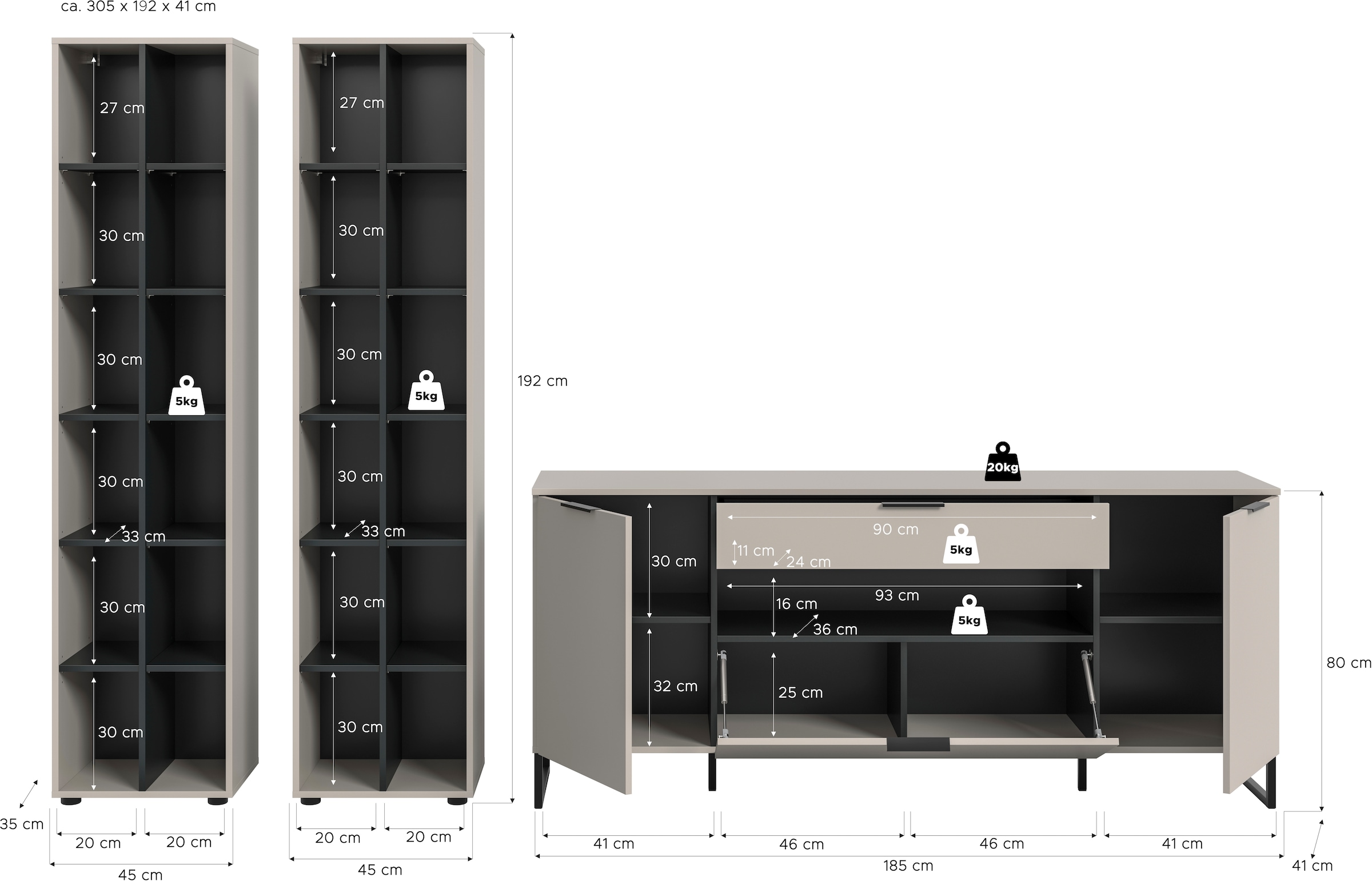 Home affaire Meuble mural »ADIO, Breite 305 cm, 3-teiliges Set, mit Metall-Kufenfüsse« Set, bestehend aus: 2x Standregal und Sideboard, 3 cuis tlg.