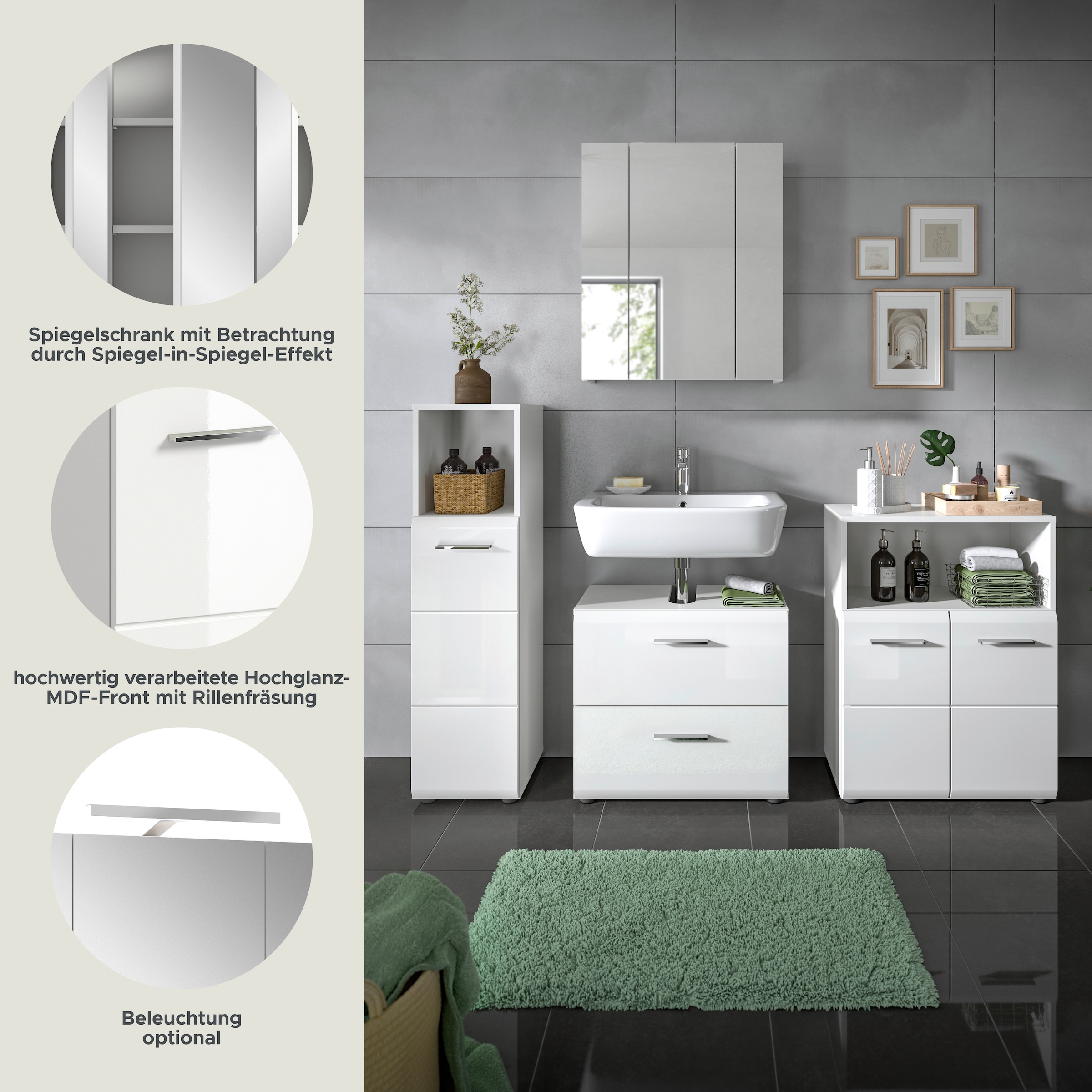 welltime Badmöbel-Set »FLORENZ, TOPSELLER!, 4-teilige Badkombination, hochwertige MDF-Front« Set, Midischrank hoch, WBU, Spiegelschrank, Midischrank breit, 