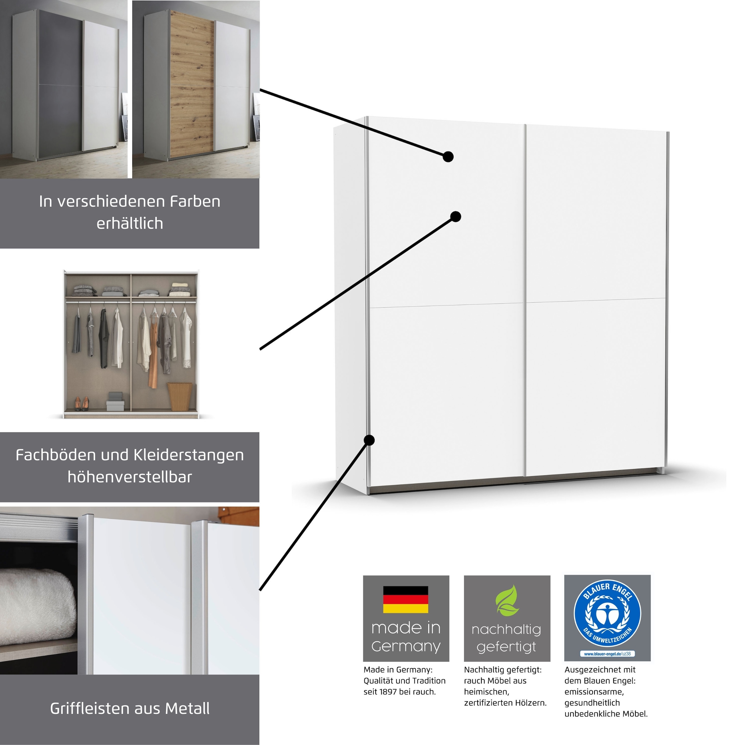 rauch Schwebetürenschrank »Kleiderschrank Schrank Garderobe Wäscheschrank SATURN« 3 verschiedene Ausstattungen BASIC/CLASSIC/PREMIUM (inkl. SOFT-CLOSE),  zeitlose Farbkombinationen, B/H/T: 175/191/59 cm MADE IN GERMANY