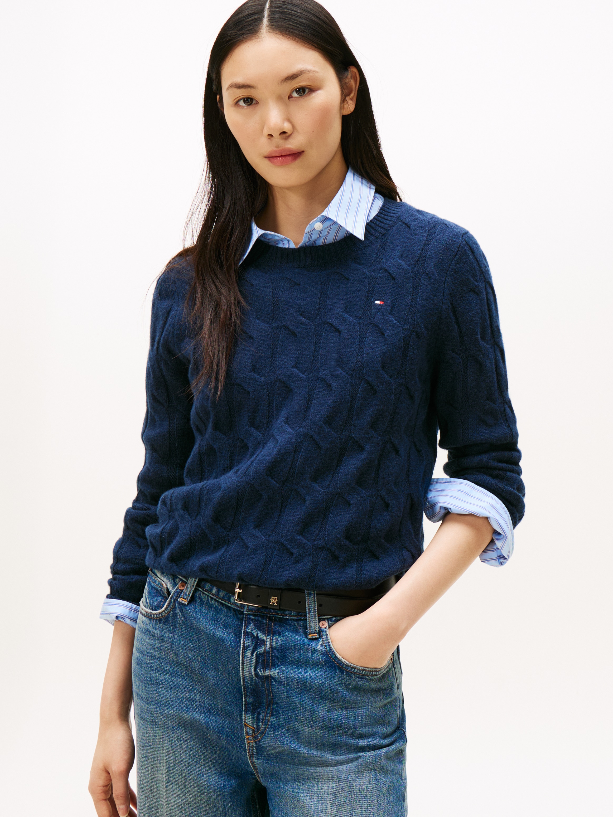 Tommy Hilfiger Pull en tricot »SOFT WOOL CABLE C-NK« Wolle, mit Zopfmuster