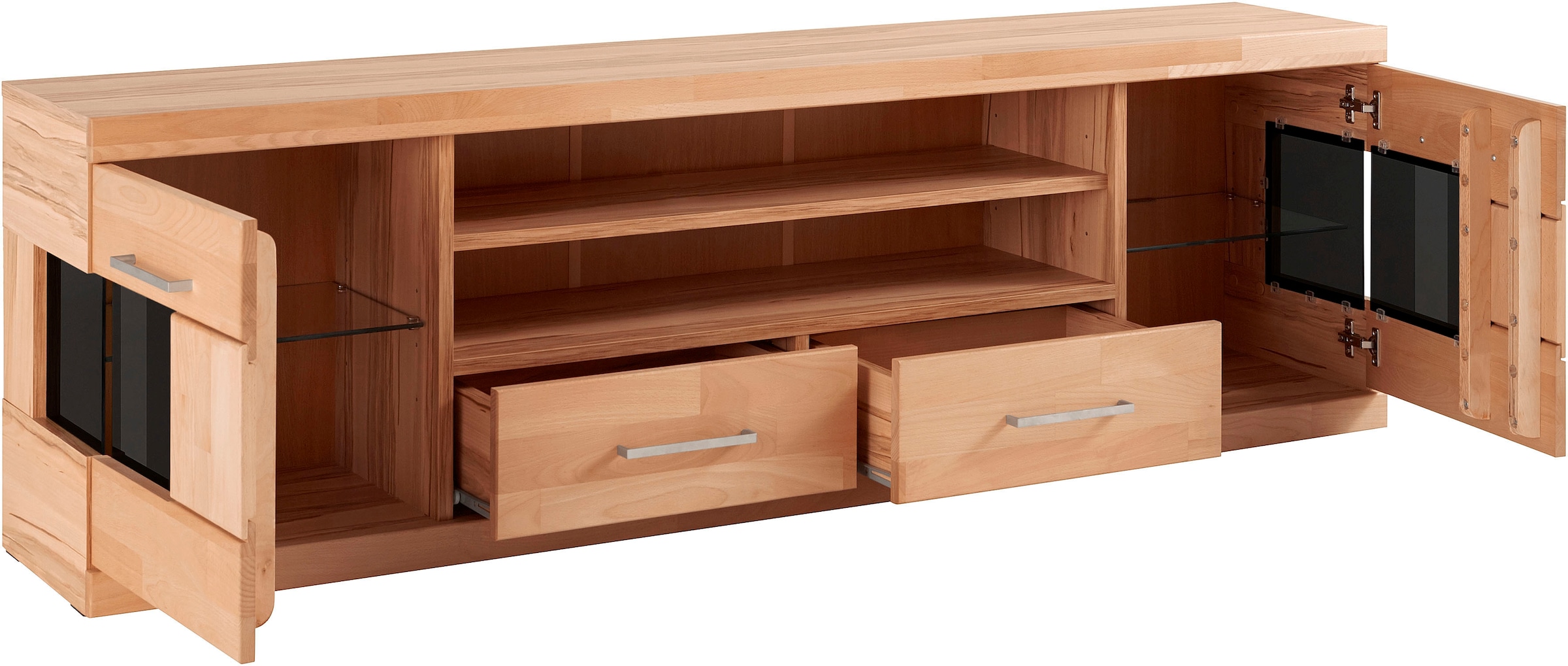 GOODproduct Table basse »Ribe,180cm breit, Fronten Massivholz,6 Fächer,Kabeldurchführung« Korpus Holzwerkstoff,Glaseinsatz aus gehärtetem Glas,Böden versetzbar