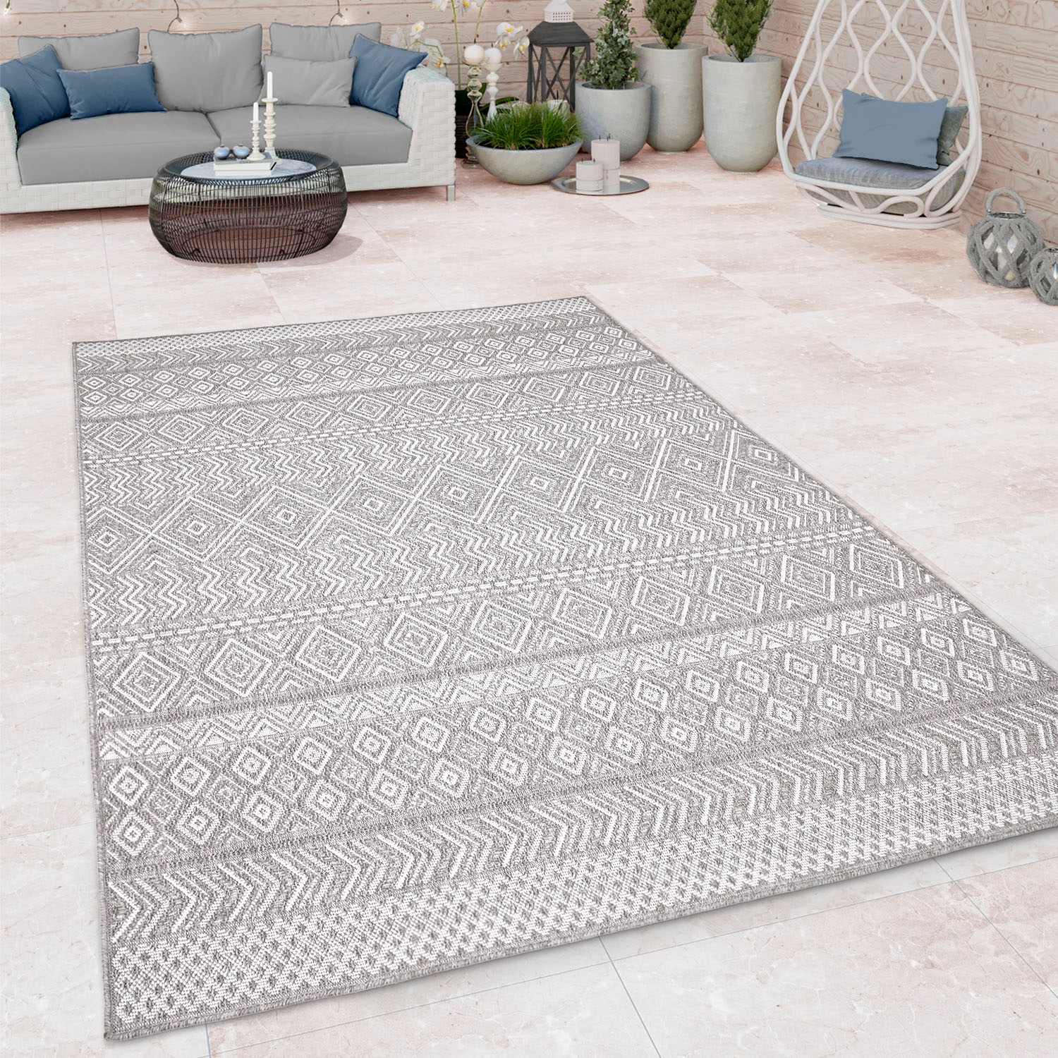 Paco Home Teppich »Vermont 190« rechteckig 4 mm Höhe Flachgewebe, modernes Design mit Rauten, gesteift, Outdoor geeignet