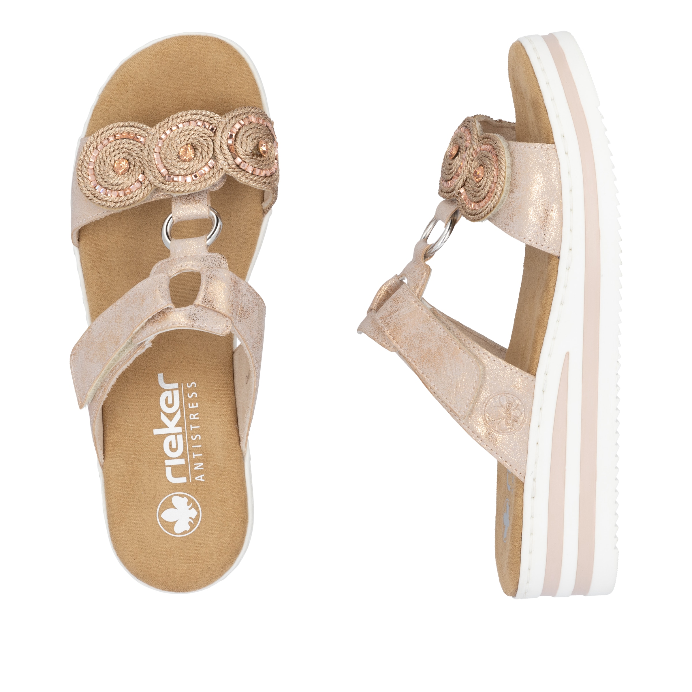 Rieker Pantolette  Sommerschuh, Urlaubsschuh mit Glitzersteine, Metallic-Optik