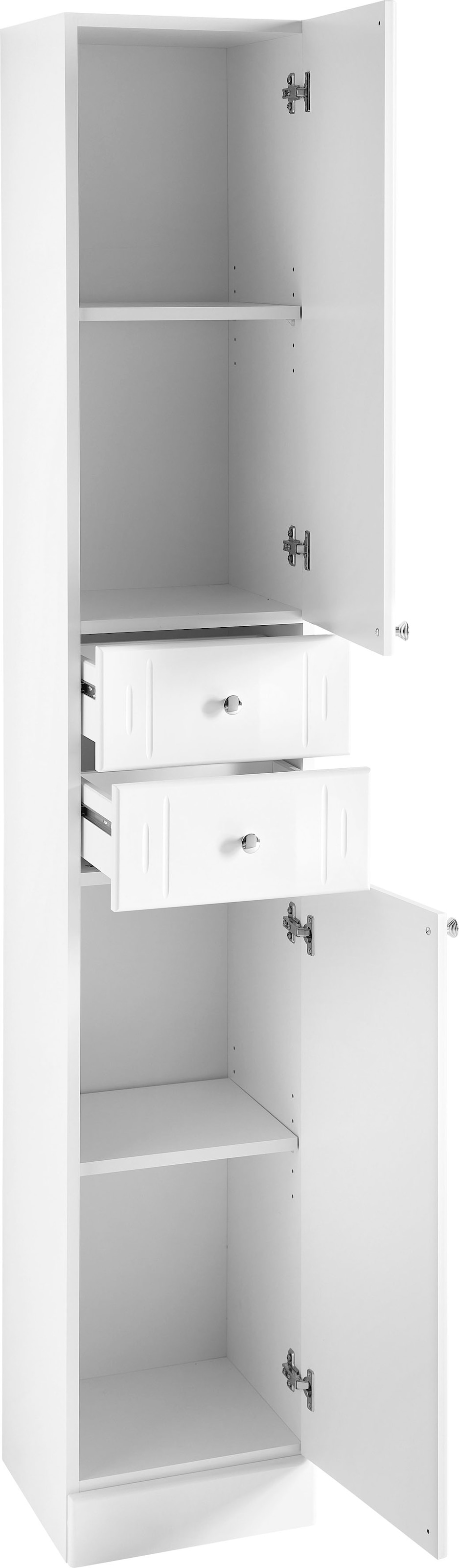 Saphir Armoire haute »Quickset 955 Badschrank, 32,5 cm breit, 2 Türen, 2 Schubladen« armoire haute de salle de bain avec amortisseur de porte, poignées chrome brillant