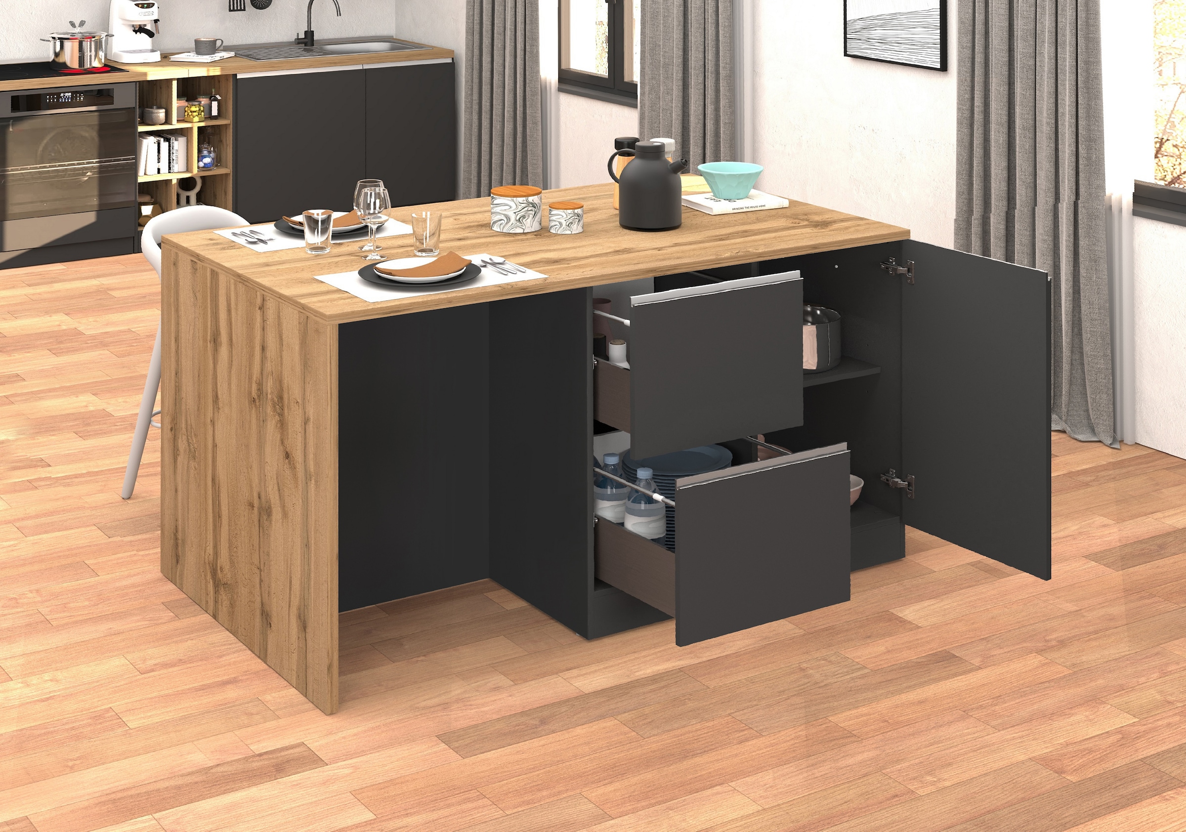KOCHSTATION Ilot de cuisine »KS-Sole, Kochinsel, Küchenarbeitsblock, Inselküche, Arbeitsinsel« Breite 152,5 cm, mit Essplatz, Handtuchhalter, Fächer und Weinregal