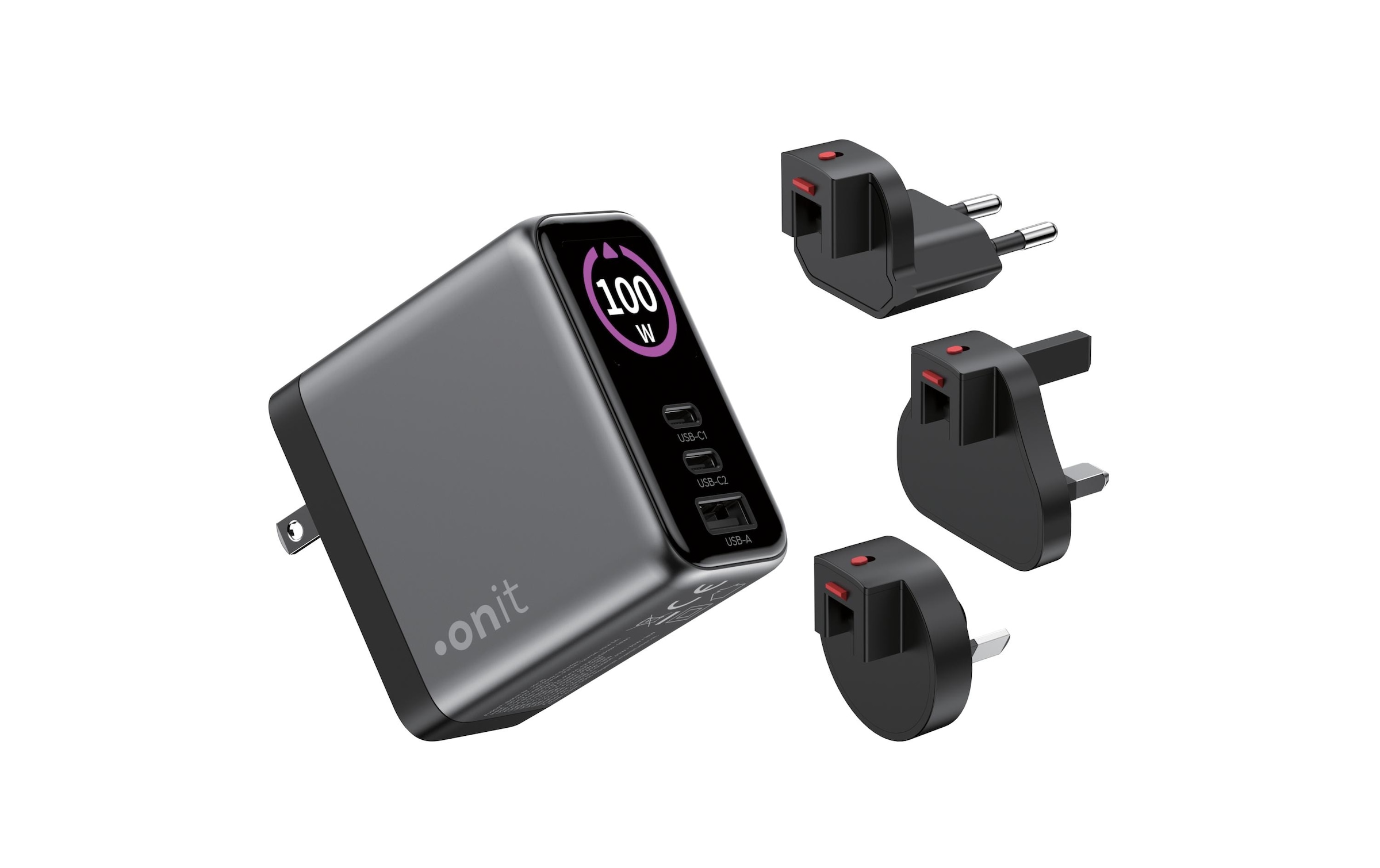 onit USB-Ladegerät »Travel 2C1A 100 W GaN« Reiseladegerät mit Wechseladaptern für den weltweiten Einsatz