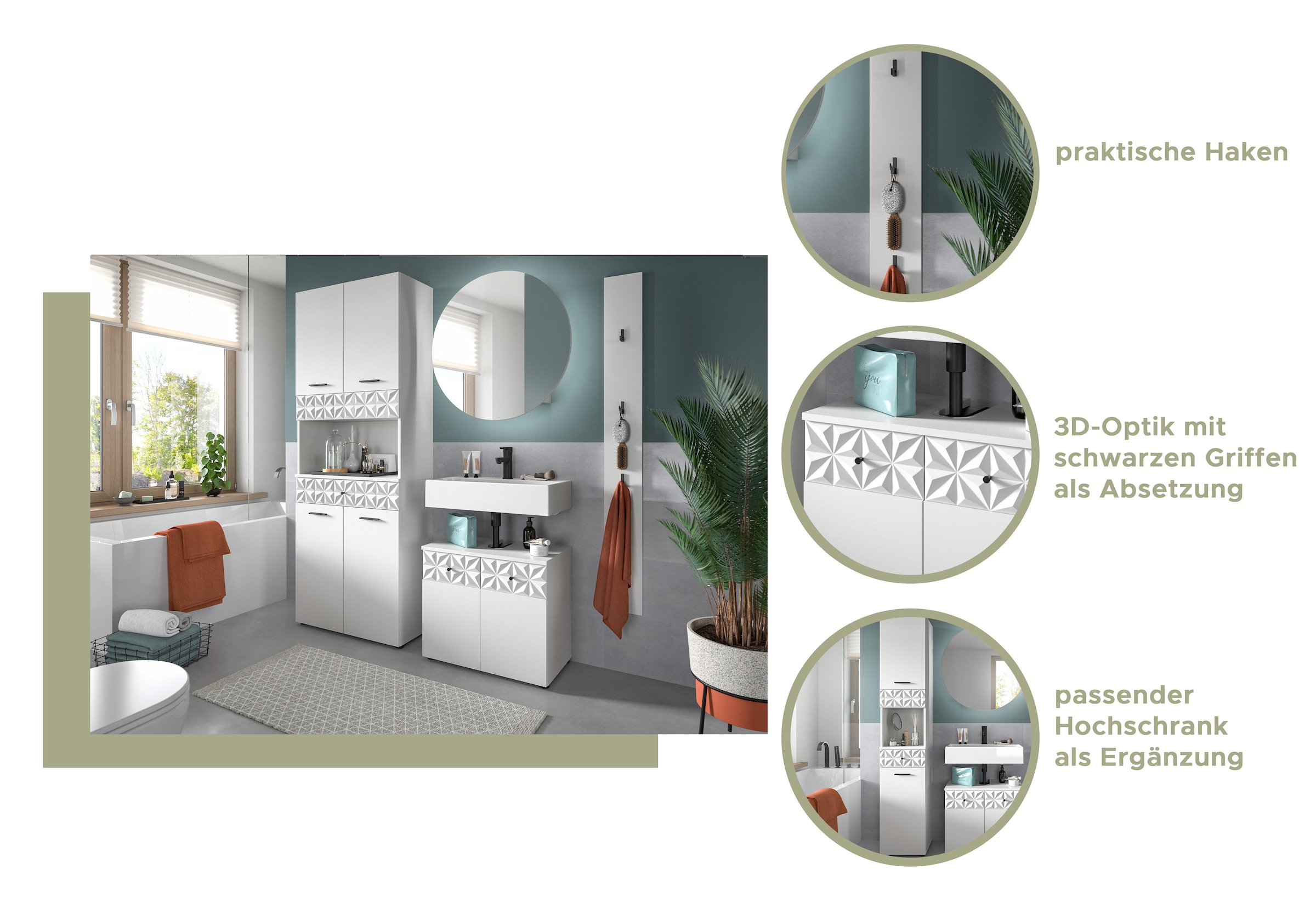 INOSIGN Badezimmer-Set »VICENZA, TOPSELLER!, Breite 145cm, 3-teilig, mit Ornamentabsetzung« best. aus: Hochschrank, Waschbeckenunterschrank und Spiegelschrank, 