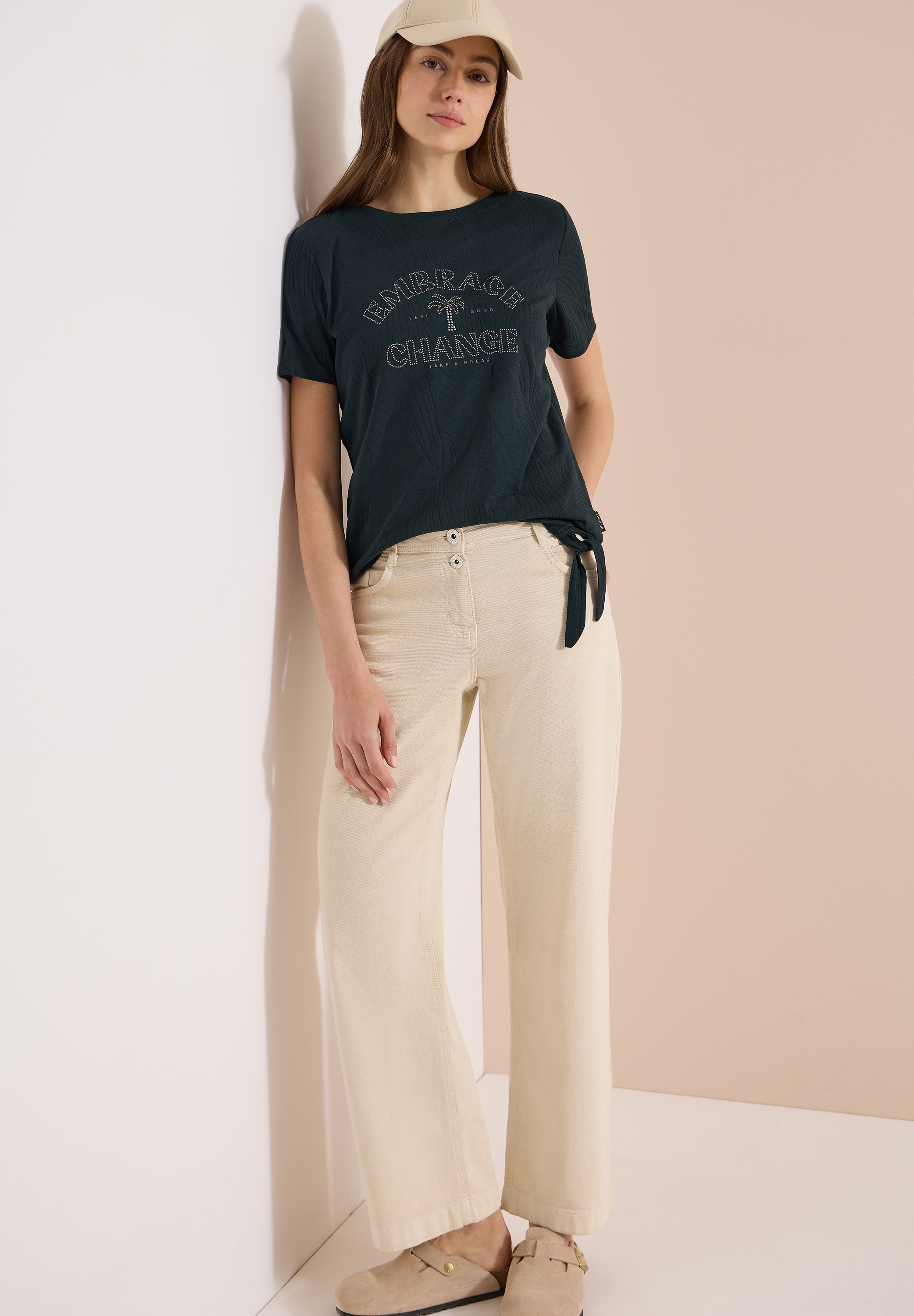 Cecil Shirt à col rond t-shirt d'été en look burnout avec texte