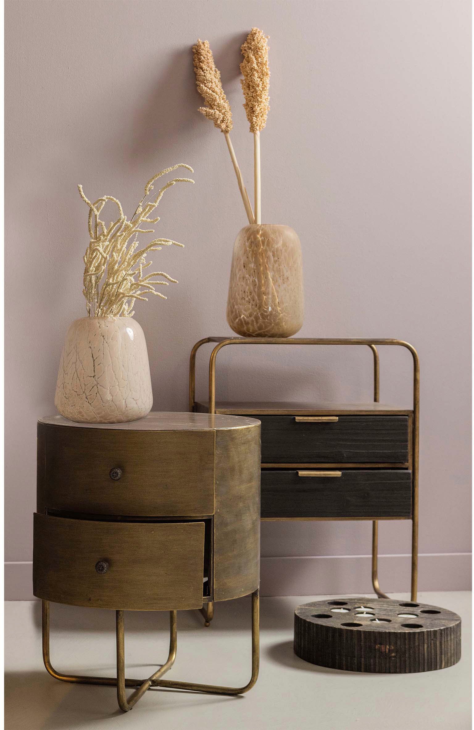 WOOOD Table d'appoint »Glossy Metall Antique-Brass-Beschichtung, H 48 x B 39 x T 39 cm« Deux tiroirs sans rails, facile d'entretien, livré monté