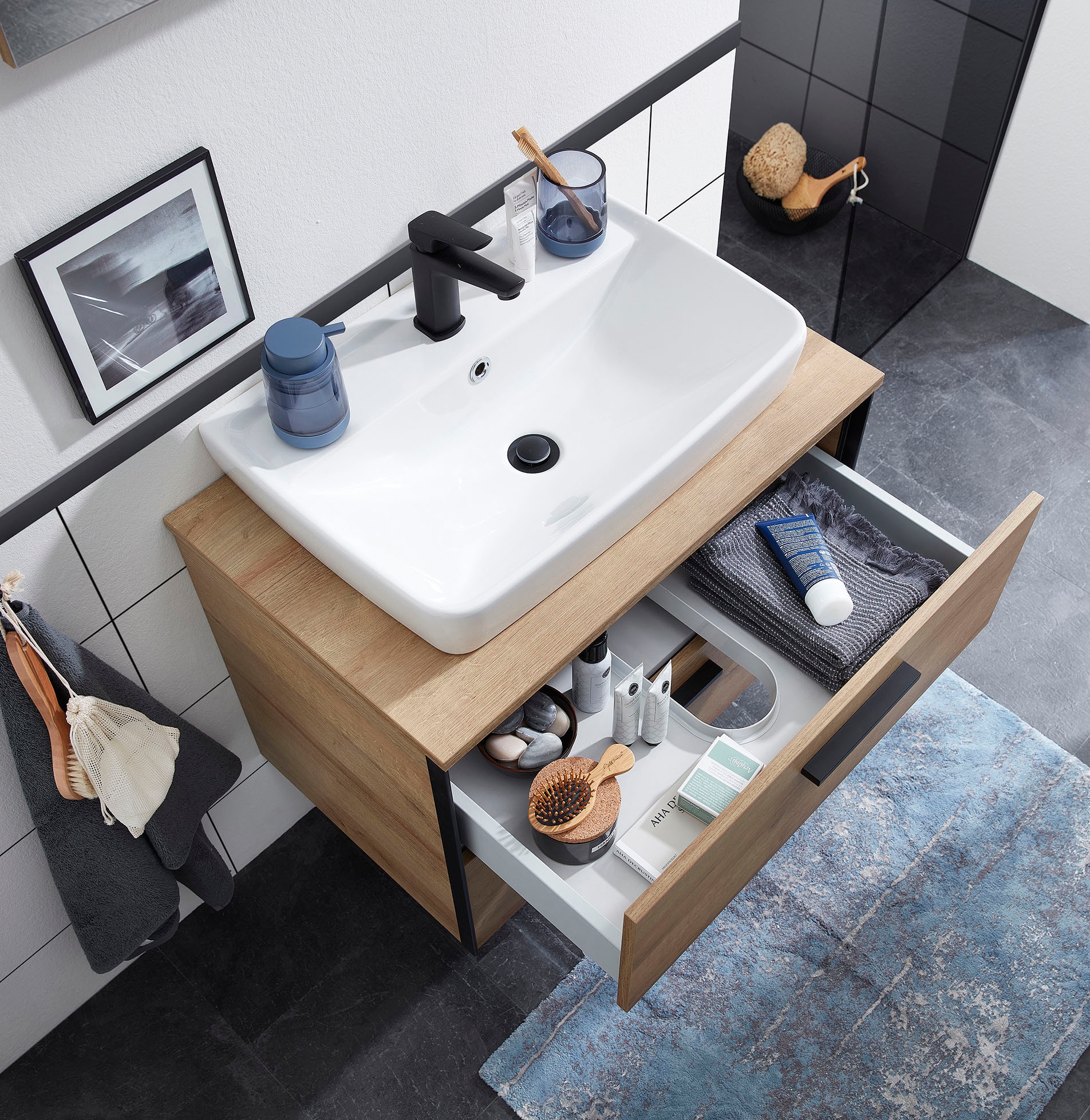 Saphir Ensemble de meubles de salle de bain »Quickset 395 2-teilig, Keramik-Aufsatzbecken mit LED-Spiegelschrank« 4 cuis tlg.